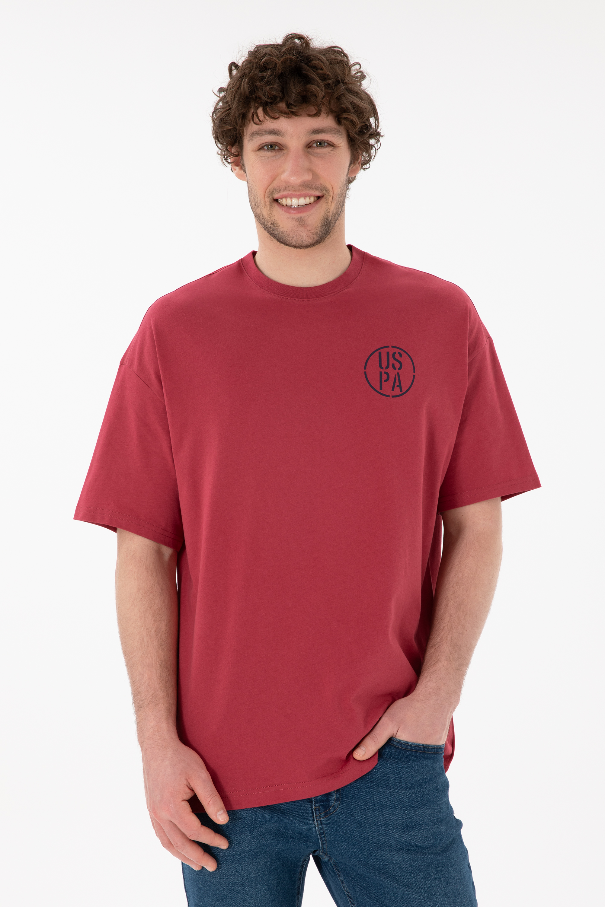 تی شرت یقه گرد آلبالویی Oversize آستین کوتاه مردانه یو اس پولو | US POLO ASSN