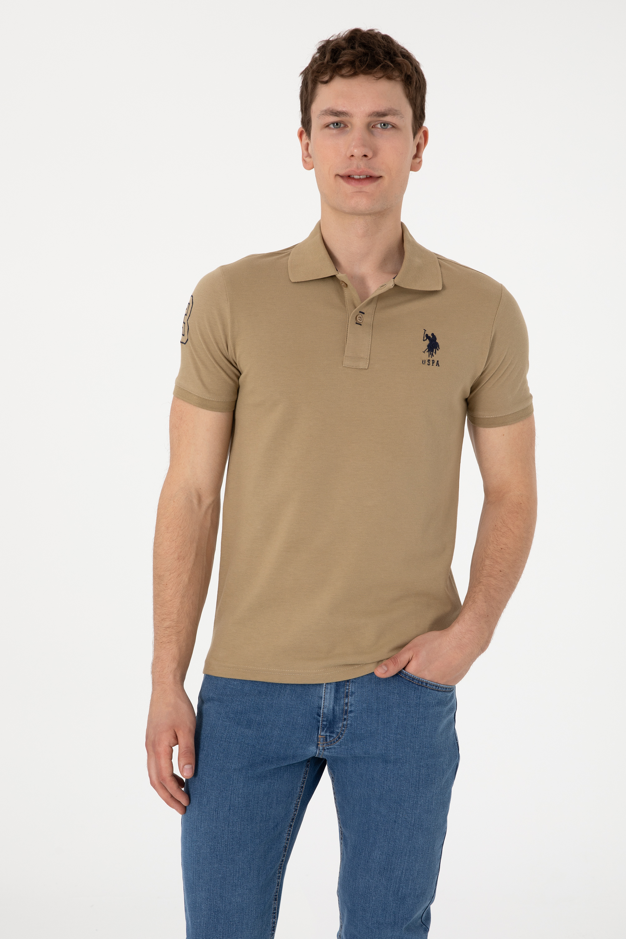 تی شرت بیسیک یقه پولو خاکی اندامی مردانه یو اس پولو | US POLO ASSN
