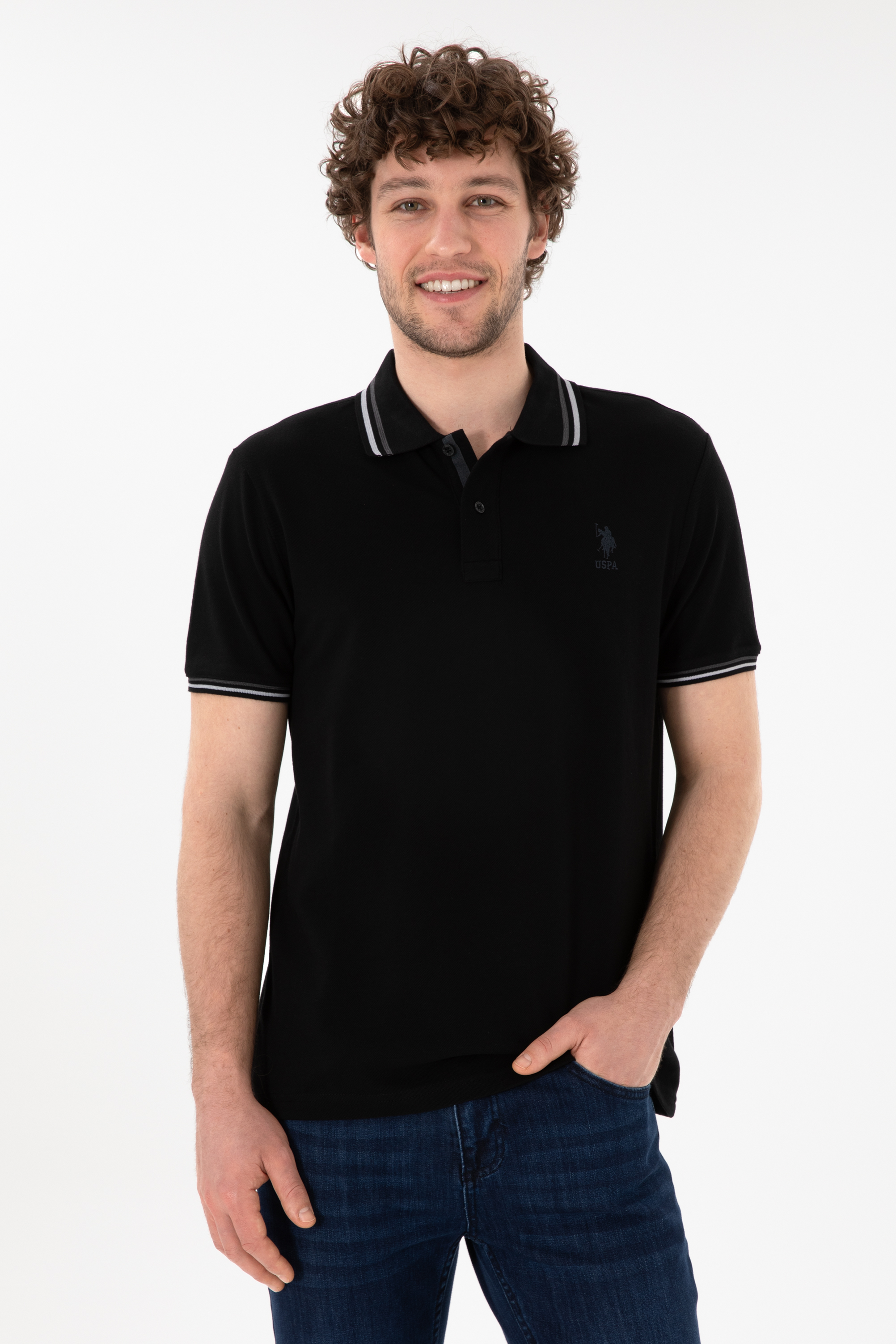 تی شرت بیسیک یقه پولو سیاه رگولار مردانه یو اس پولو | US POLO ASSN