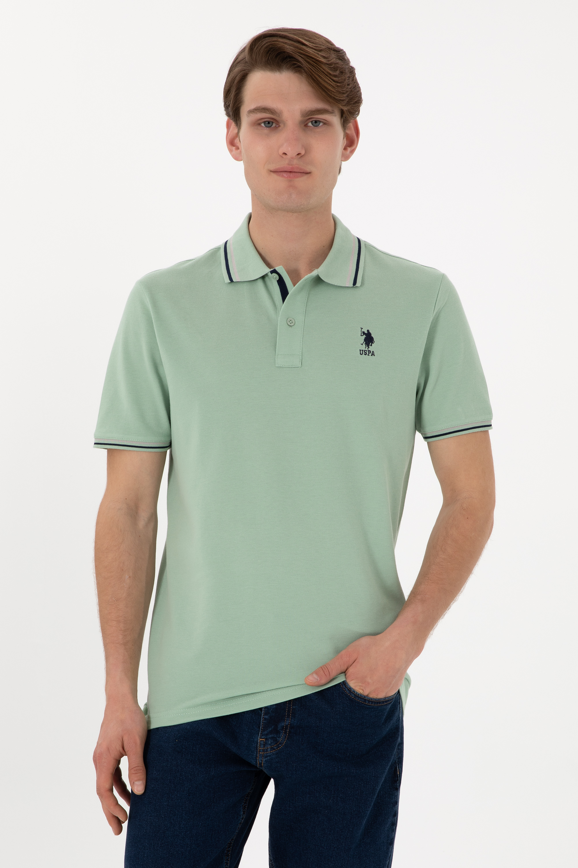 تی شرت بیسیک یقه پولو سبزآبی رگولار مردانه یو اس پولو | US POLO ASSN