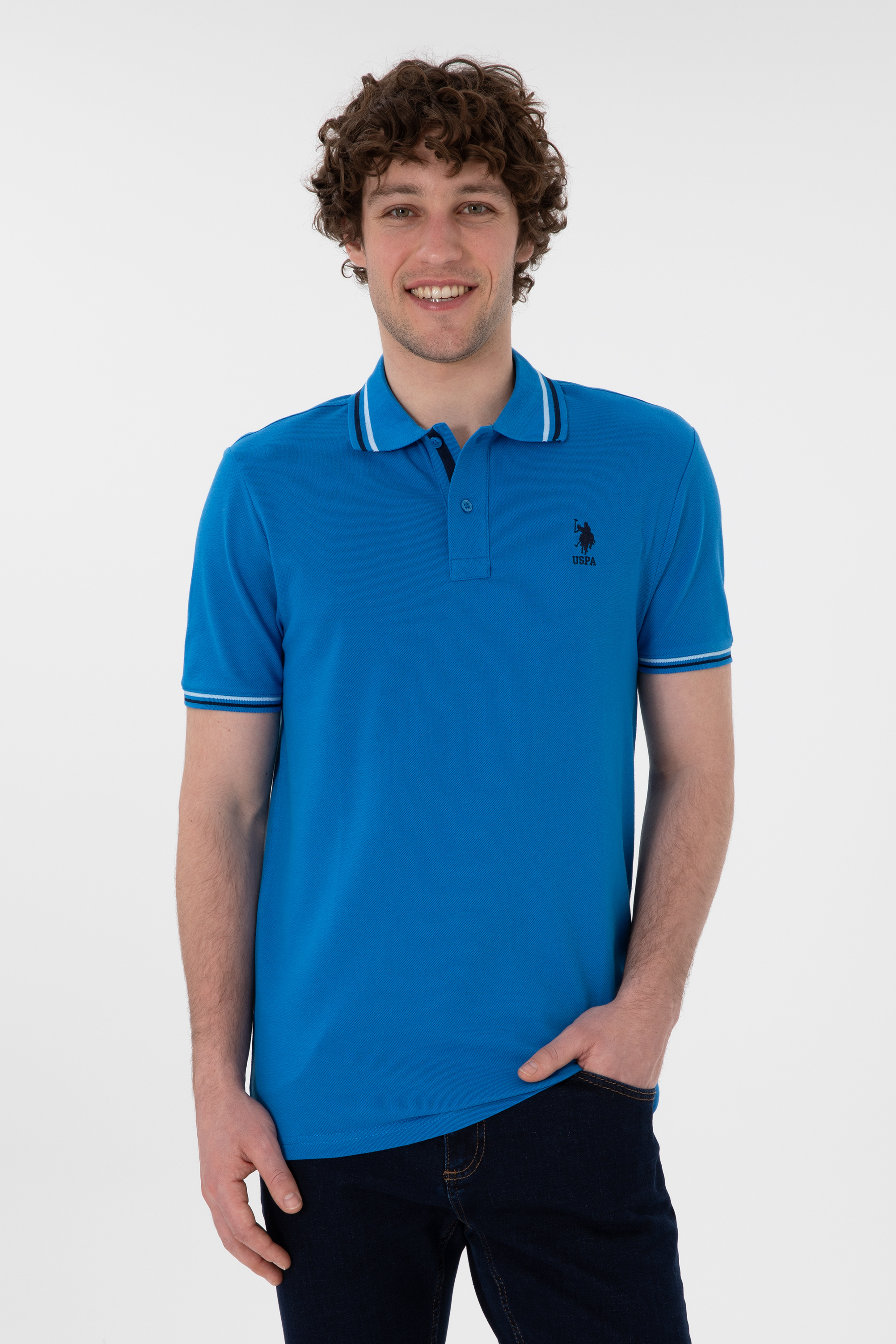 تی شرت بیسیک یقه پولو آبی کوبالت رگولار مردانه یو اس پولو | US POLO ASSN
