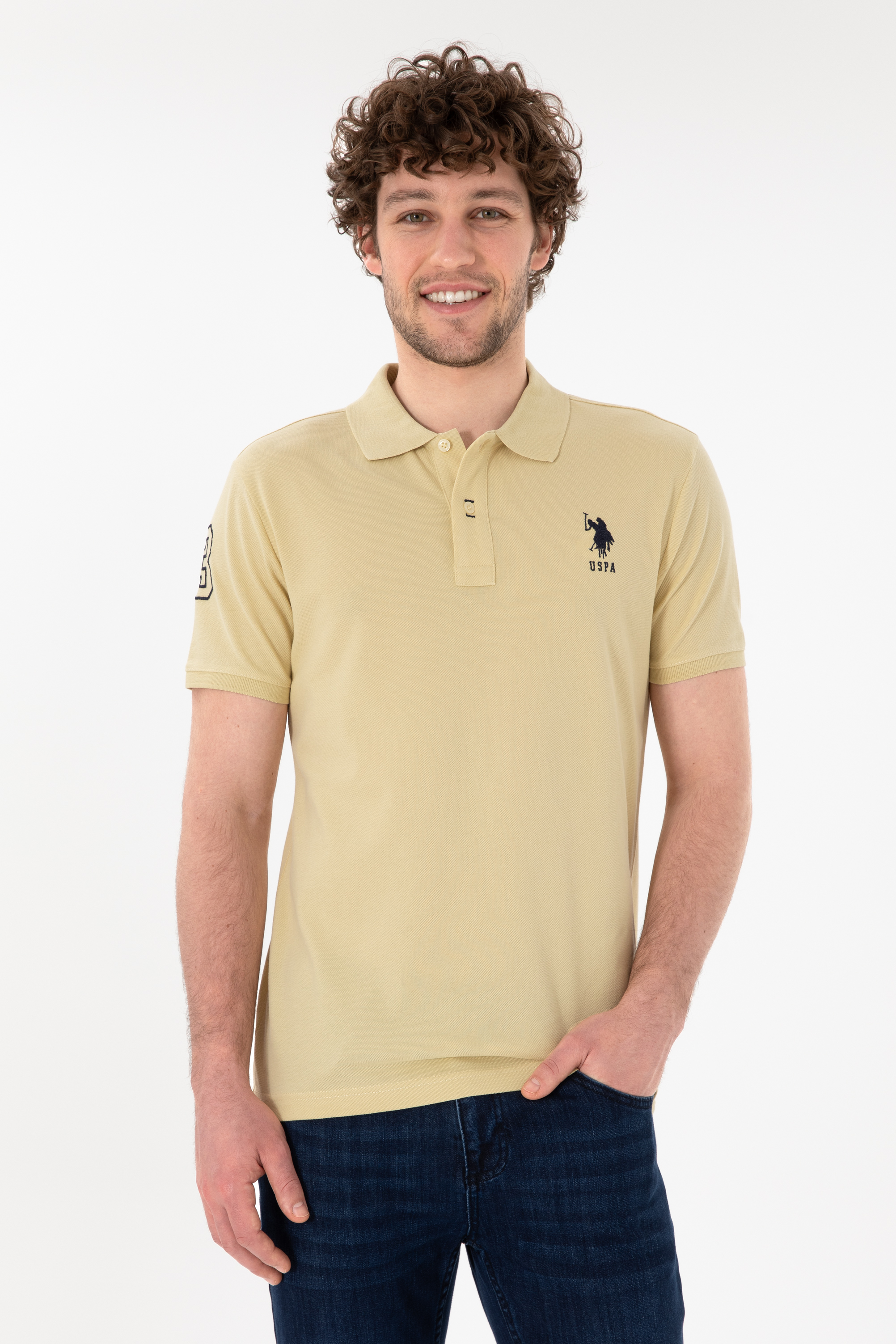 تی شرت بیسیک یقه پولو خاکی روشن اندامی مردانه یو اس پولو | US POLO ASSN