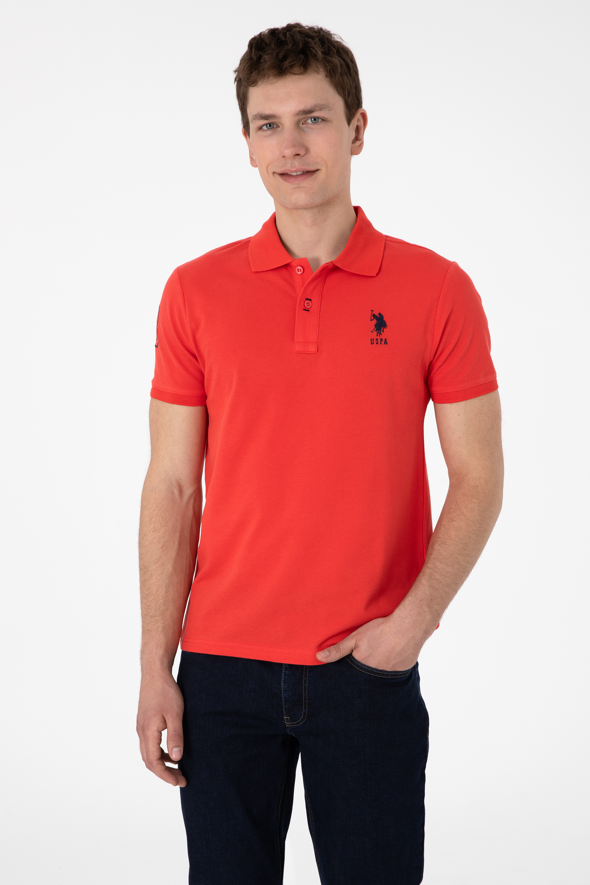 تی شرت بیسیک یقه پولو قرمز اندامی مردانه یو اس پولو | US POLO ASSN