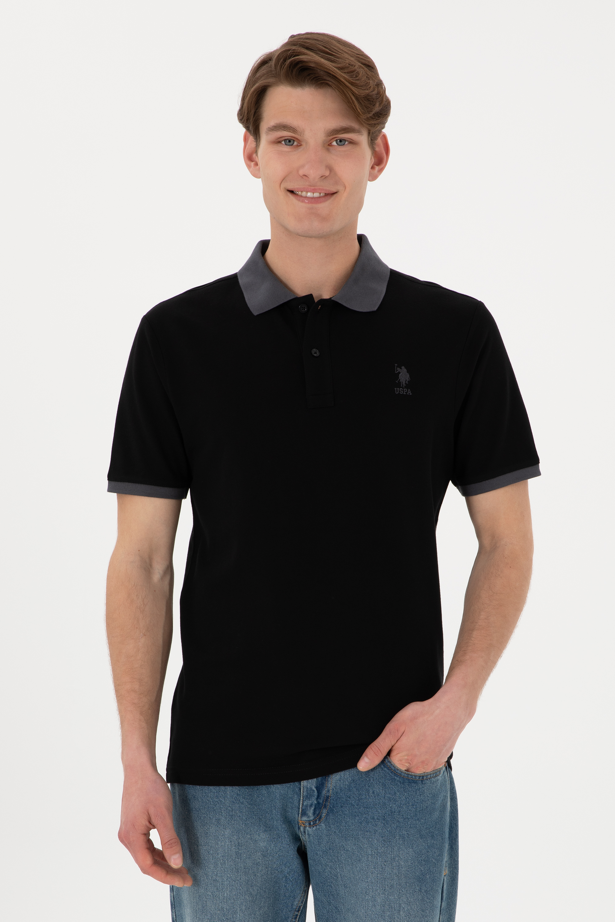 تی شرت بیسیک یقه پولو سیاه رگولار مردانه یو اس پولو | US POLO ASSN