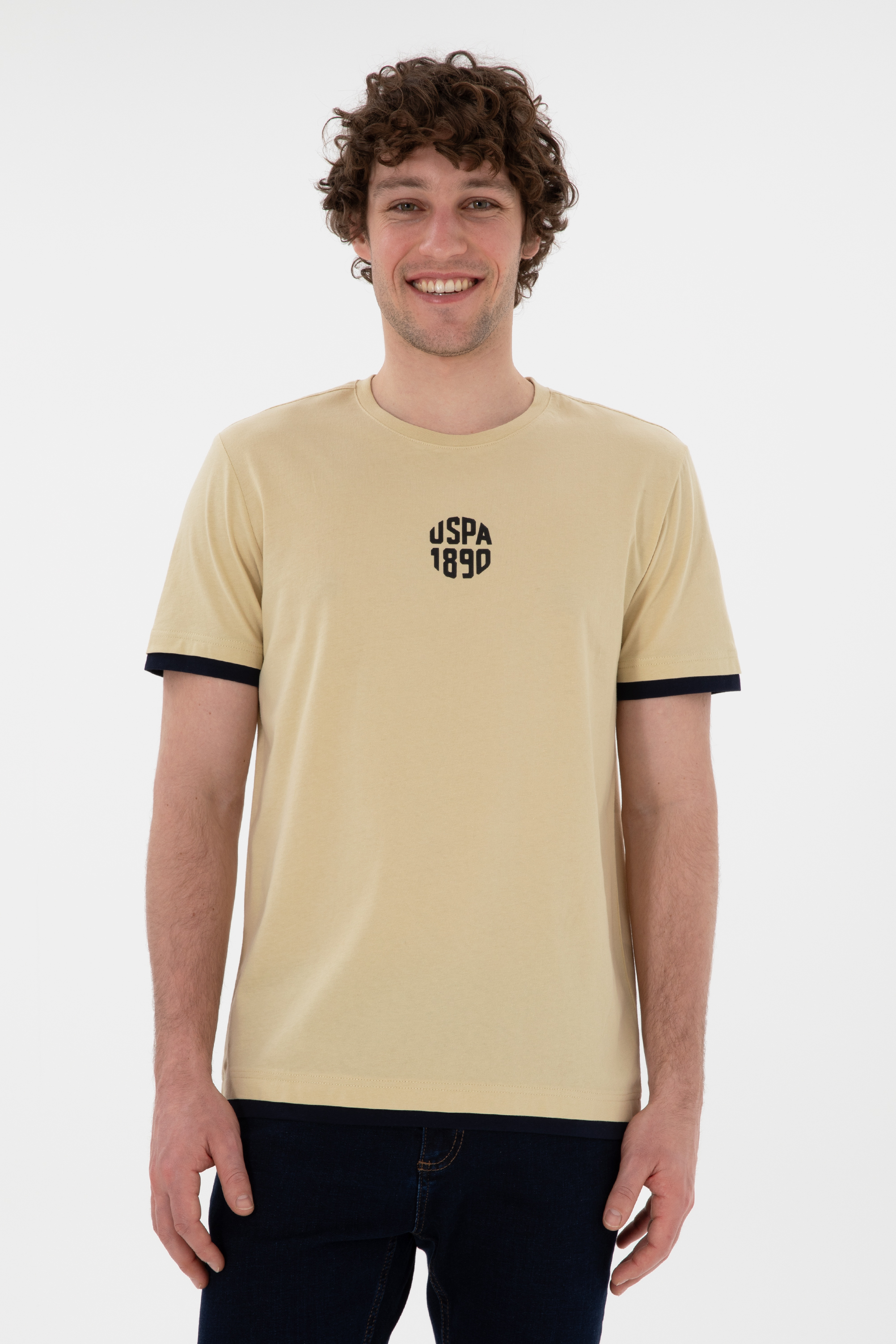 تی شرت یقه گرد خاکی روشن رگولار آستین کوتاه مردانه یو اس پولو | US POLO ASSN