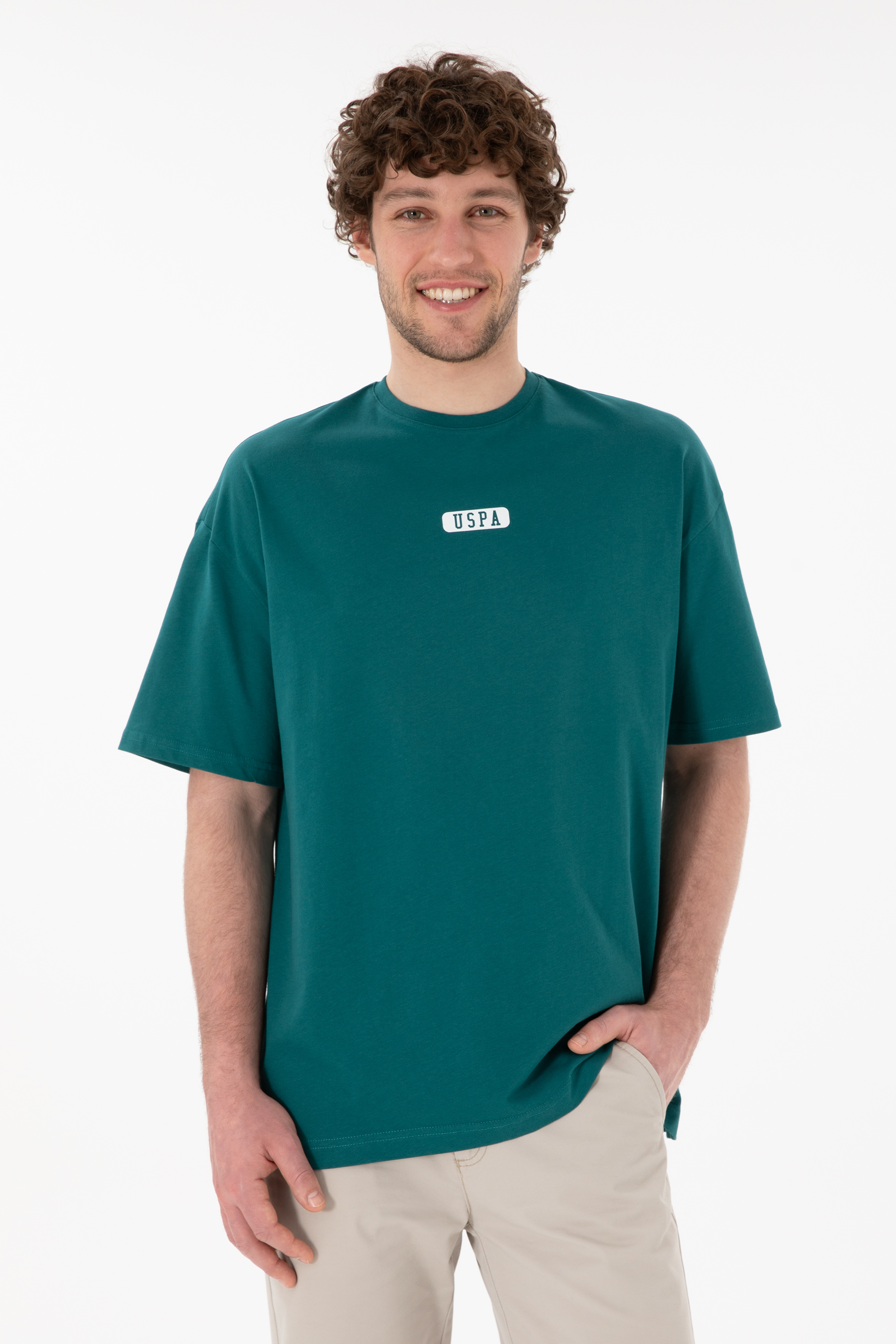 تی شرت یقه گرد سبز تیره Oversize آستین کوتاه مردانه یو اس پولو | US POLO ASSN