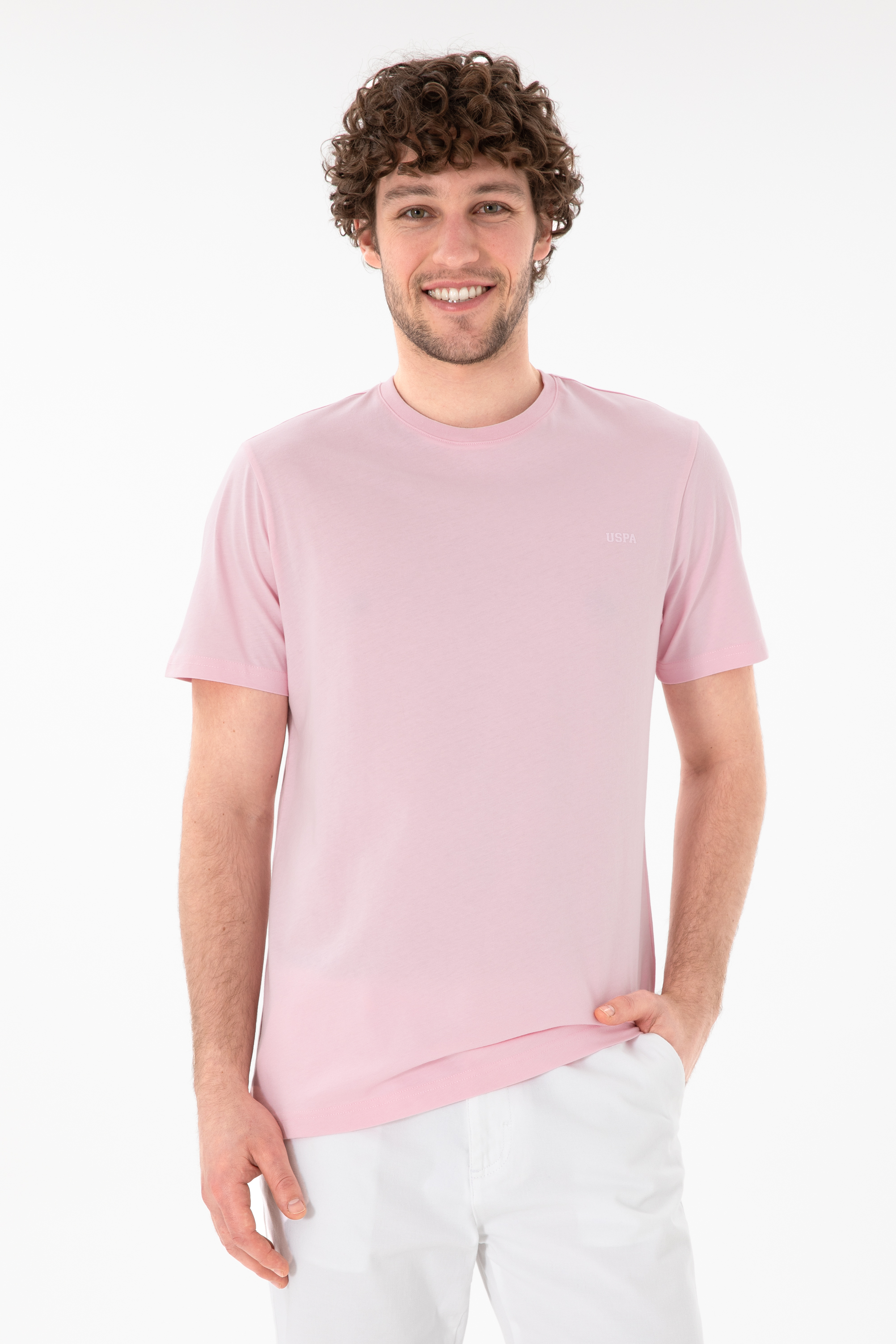 تی شرت بیسیک یقه گرد صورتی روشن رگولار آستین کوتاه مردانه یو اس پولو | US POLO ASSN