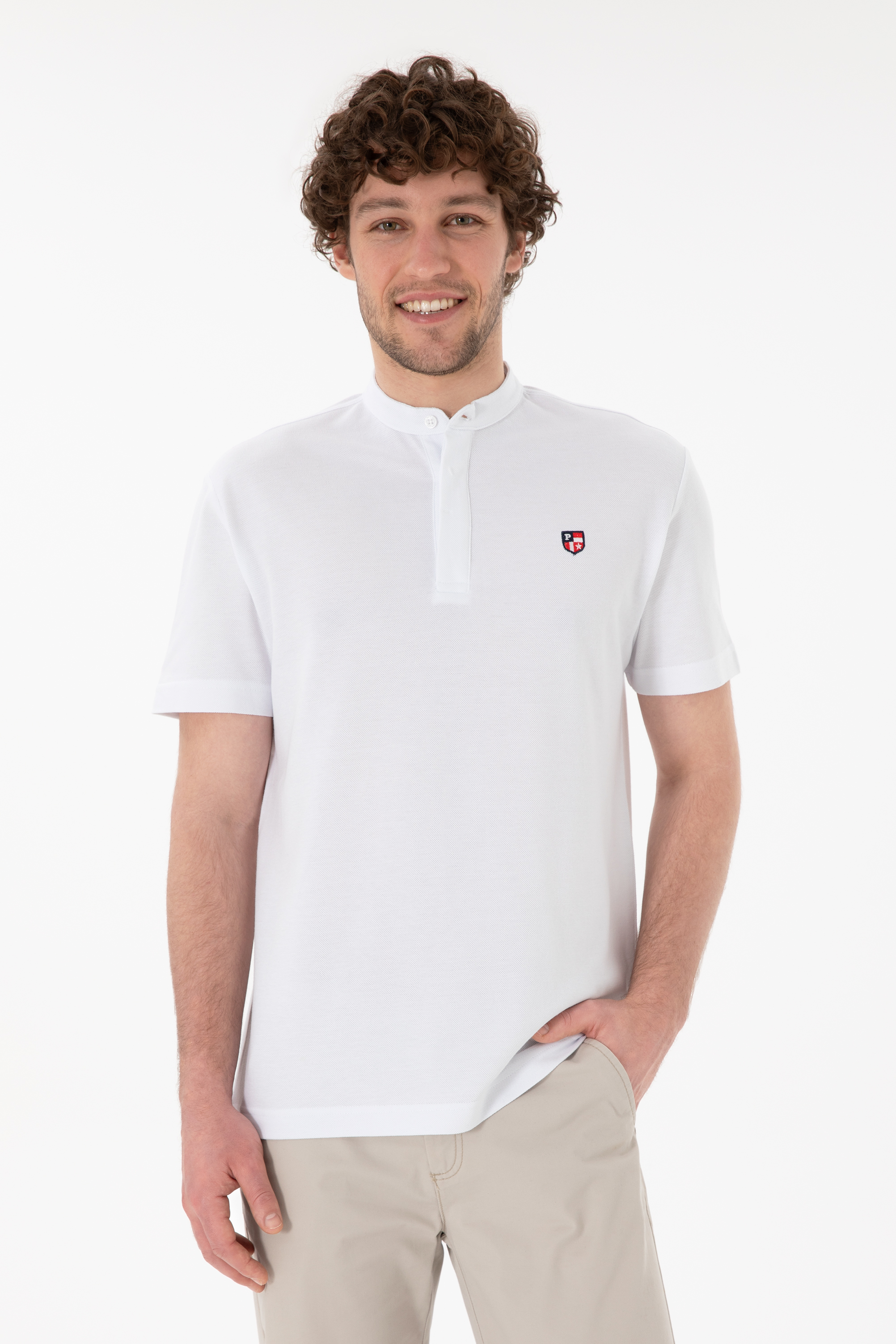 تی شرت بیسیک یقه دیپلمات سفید رگولار آستین کوتاه مردانه یو اس پولو | US POLO ASSN