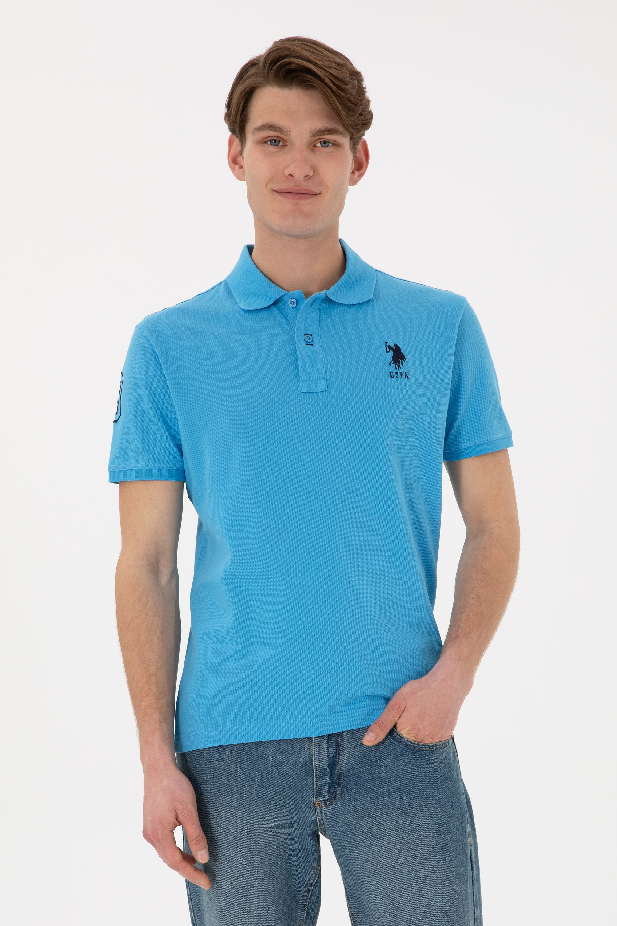 تی شرت بیسیک یقه پولو فیروزه ای اندامی مردانه یو اس پولو | US POLO ASSN