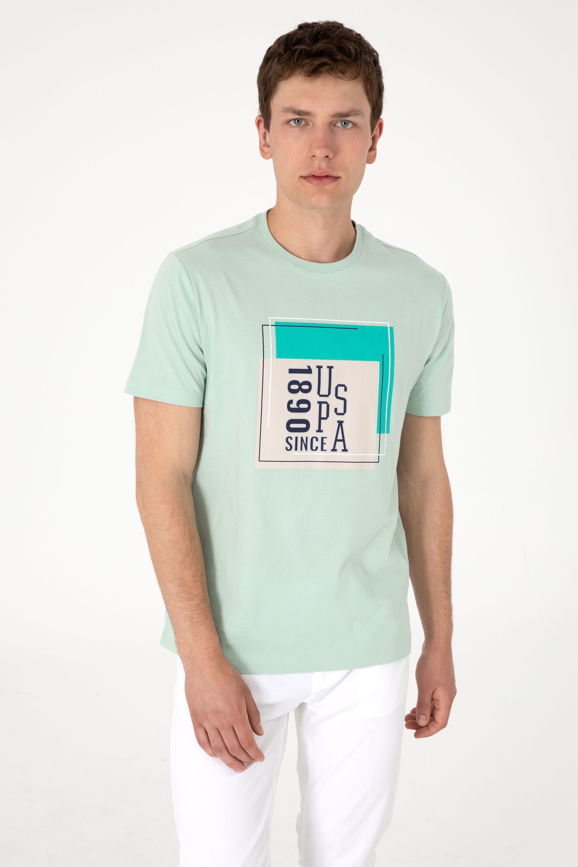 تی شرت یقه گرد سبزآبی رگولار مردانه یو اس پولو | US POLO ASSN