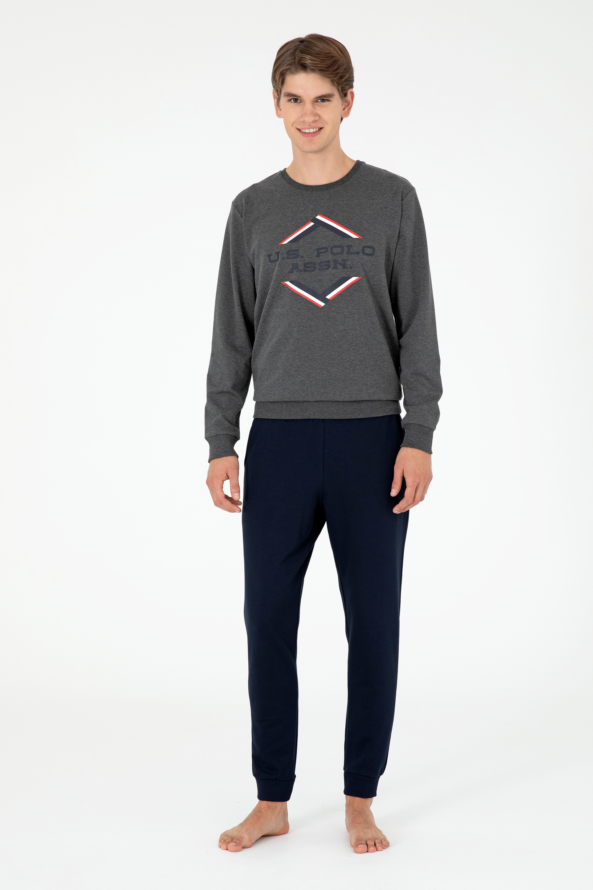 ست پیژامه یقه گرد زغالی ملانژ استاندارد فیت مردانه یو اس پولو | US POLO ASSN