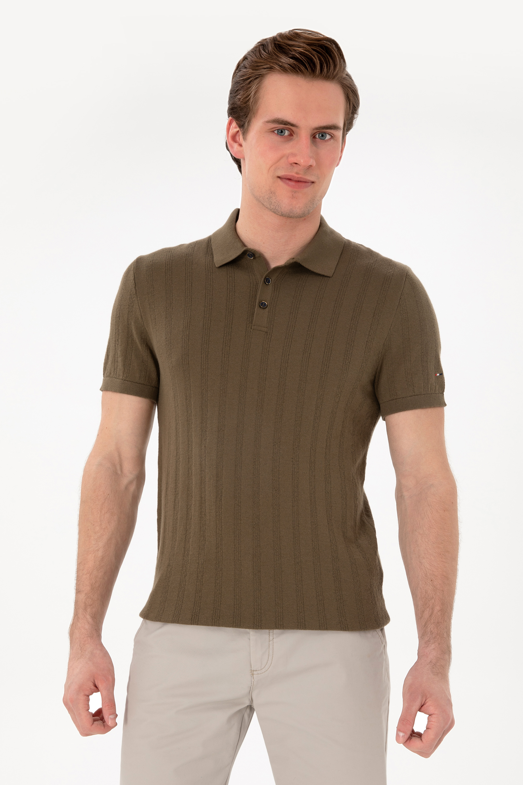 تی شرت تریکو یقه پولو خاکی اندامی مردانه یو اس پولو | US POLO ASSN