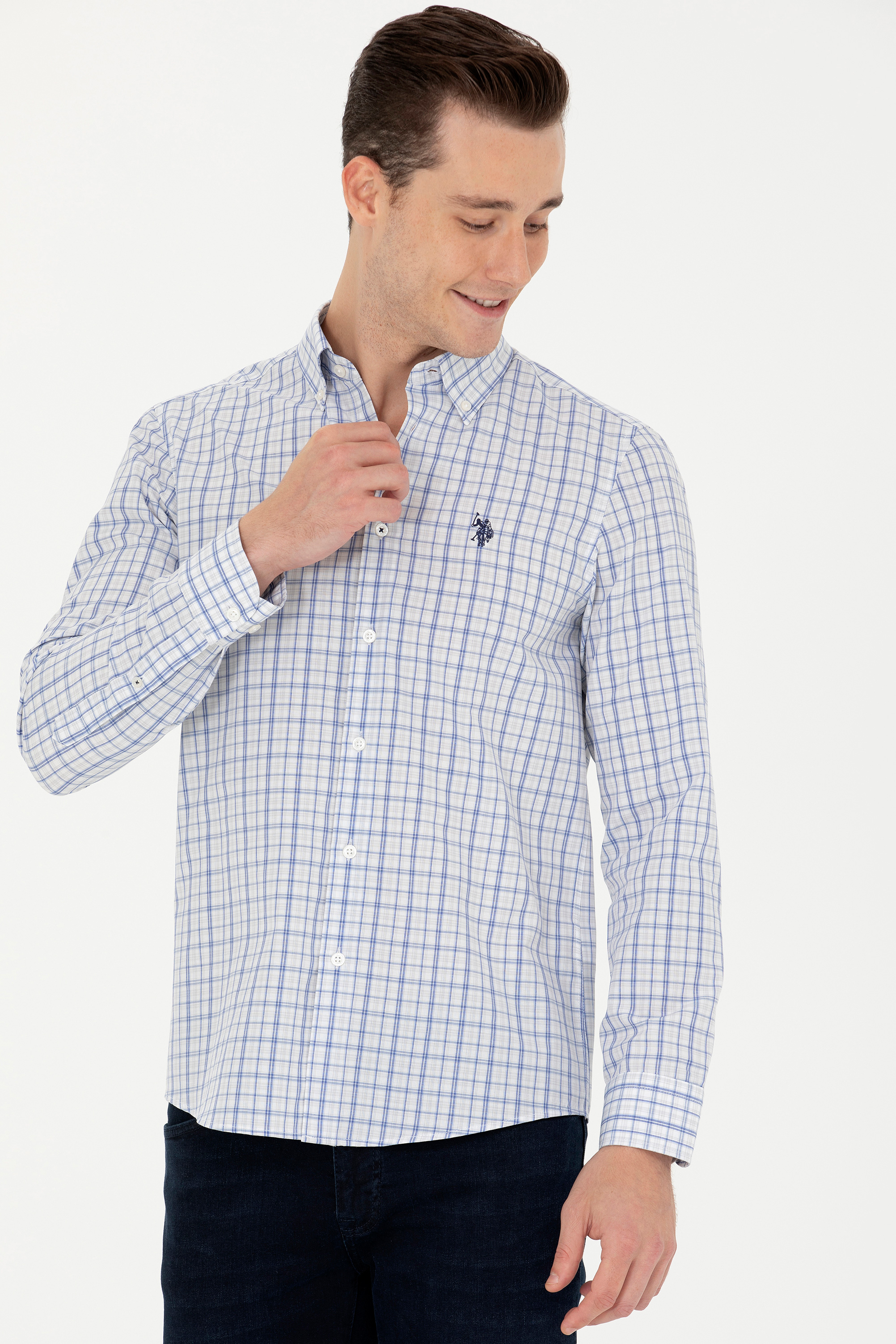 پیراهن آبی اندامی مردانه یو اس پولو | US POLO ASSN