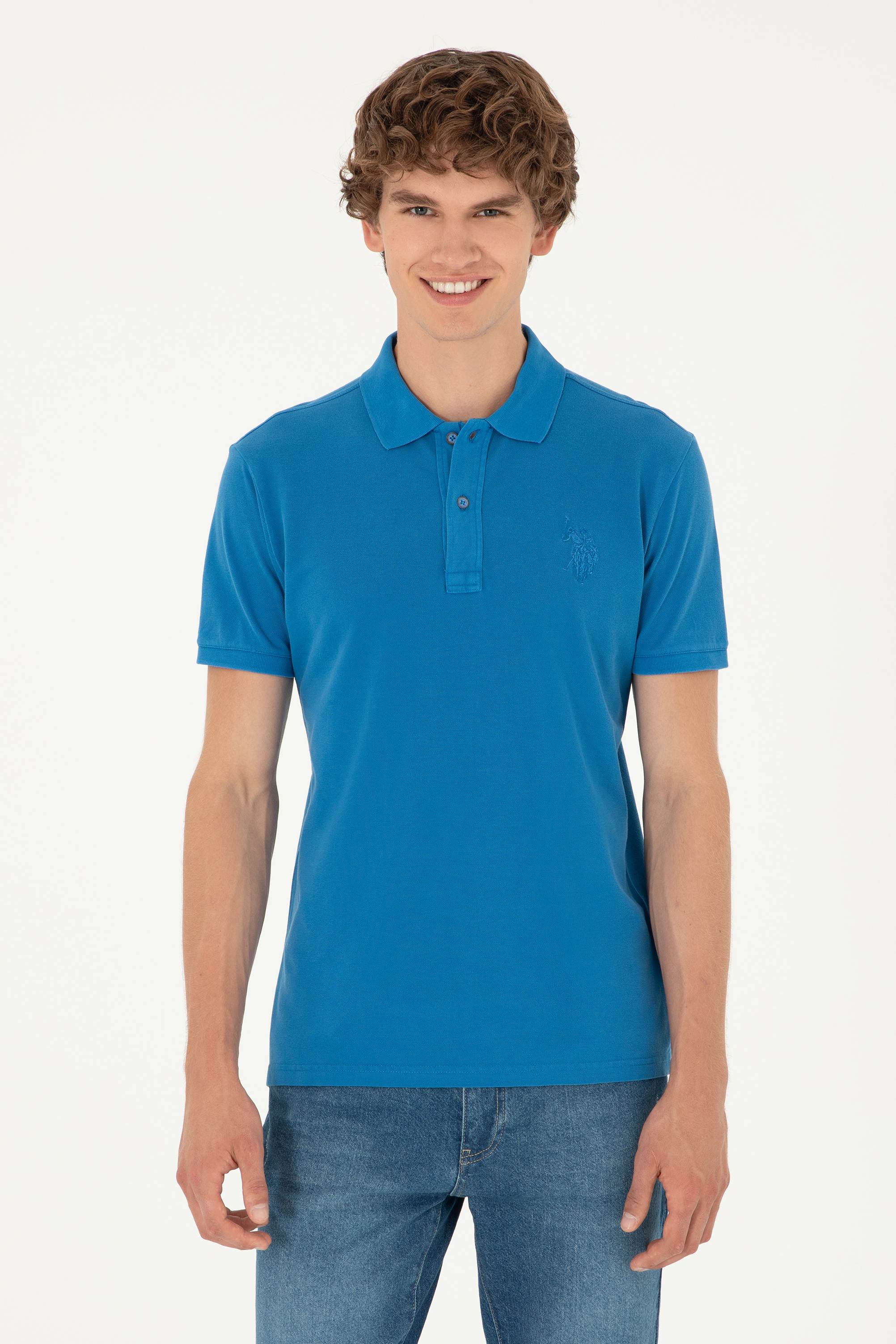 تی شرت بیسیک یقه پولو آبی اندامی آستین کوتاه مردانه یو اس پولو | US POLO ASSN