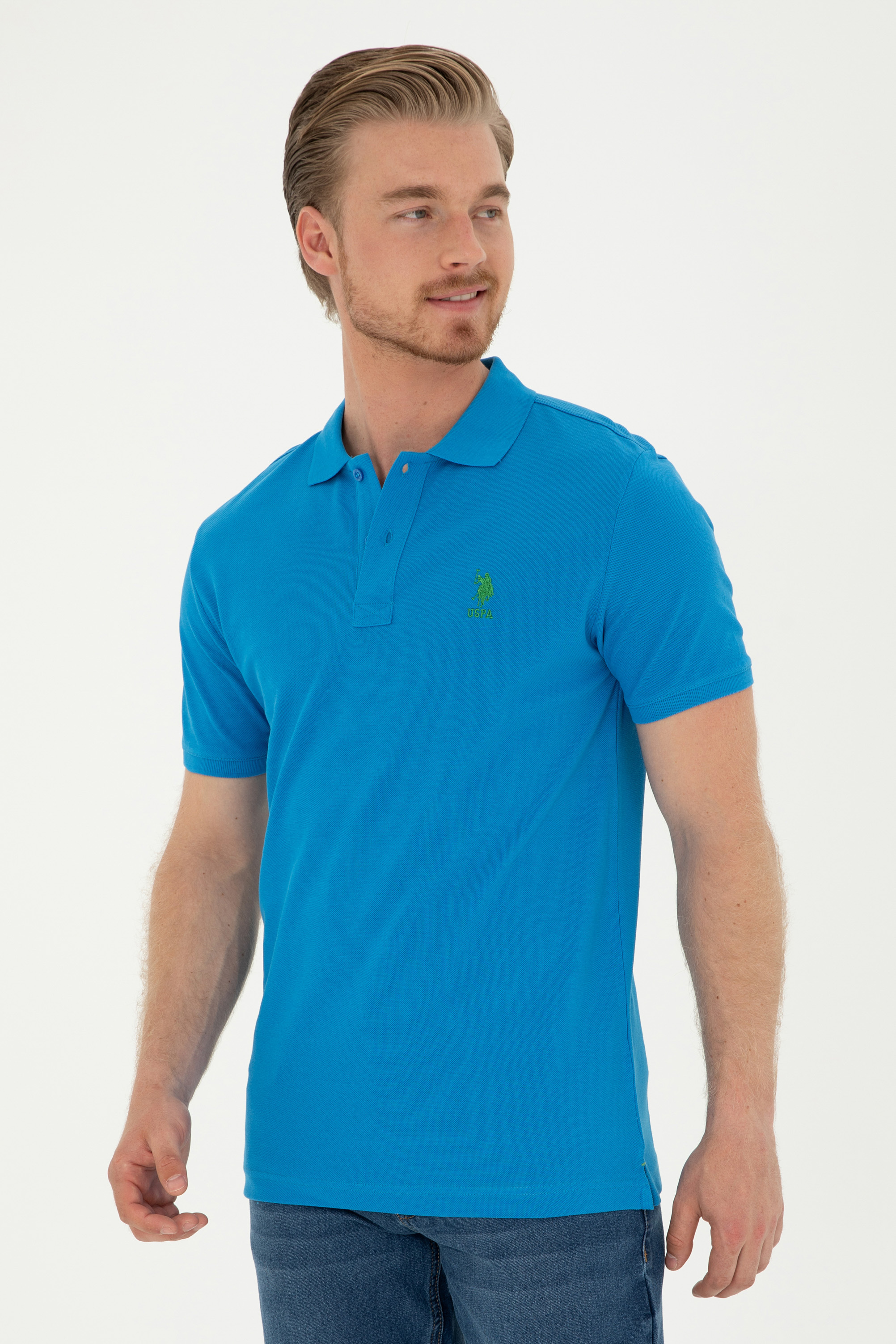 تی شرت بیسیک یقه پولو آبی اندامی آستین کوتاه مردانه یو اس پولو | US POLO ASSN