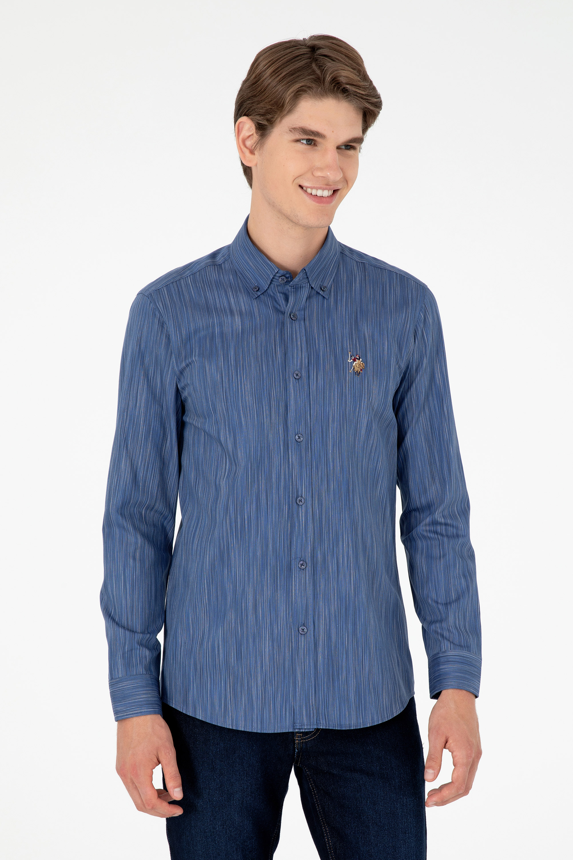 پیراهن آبی اندامی مردانه یو اس پولو | US POLO ASSN
