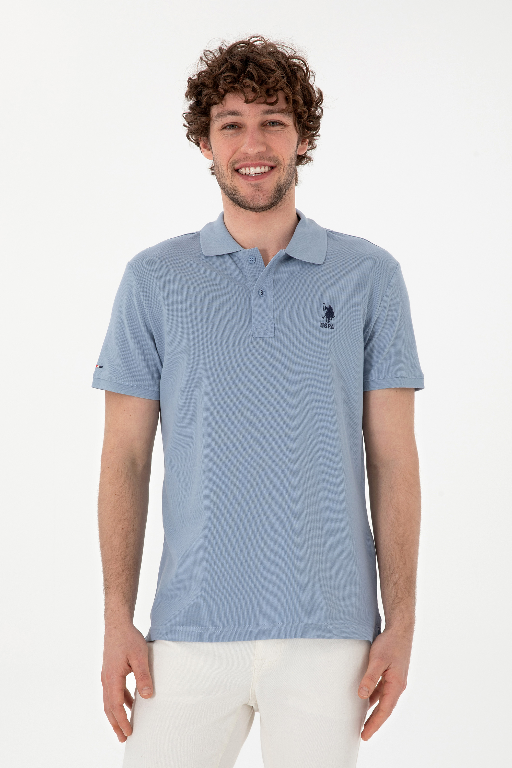 تی شرت بیسیک یقه پیراهنی آبی اندامی آستین کوتاه مردانه یو اس پولو | US POLO ASSN