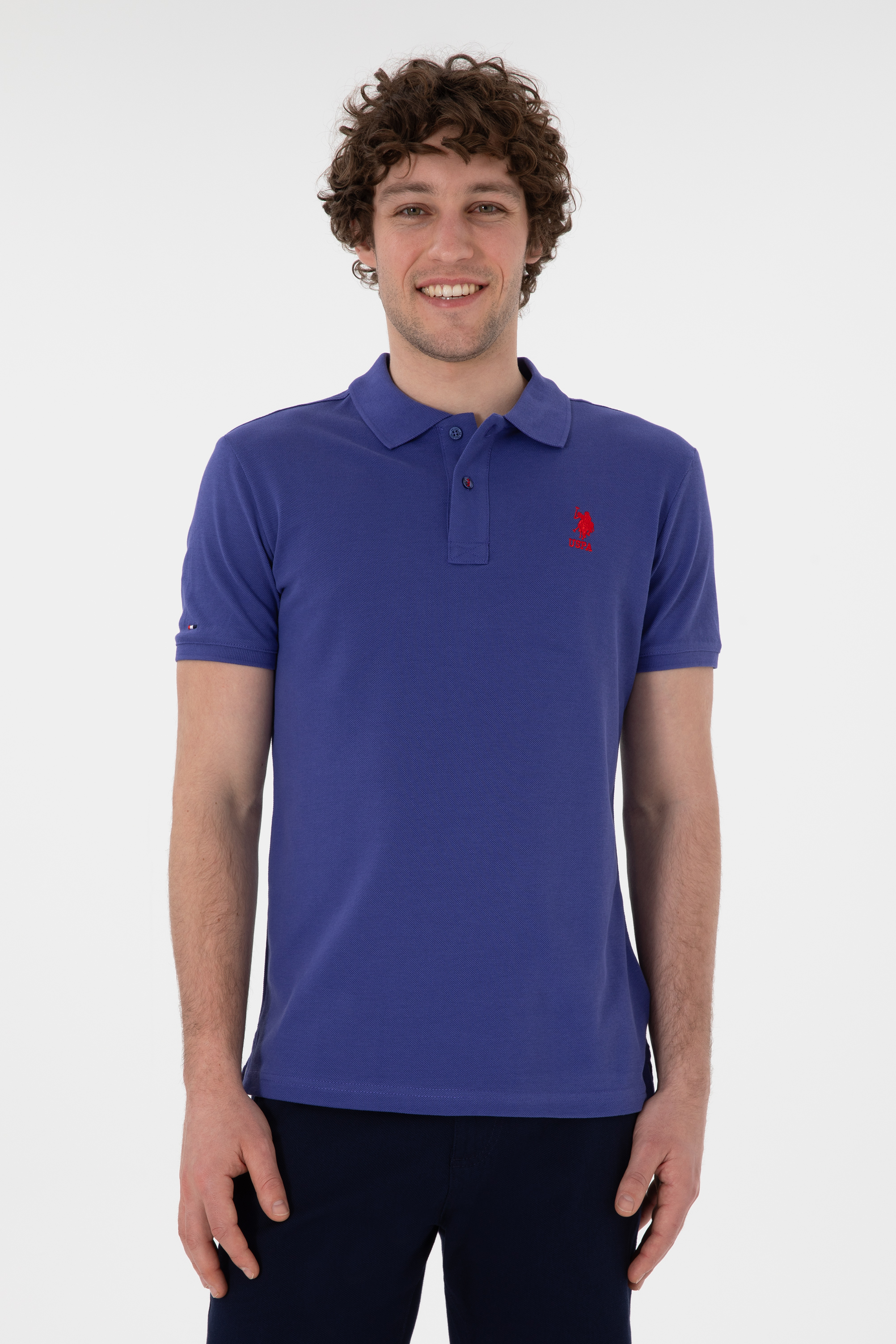 تی شرت بیسیک یقه پیراهنی آبی اندامی آستین کوتاه مردانه یو اس پولو | US POLO ASSN