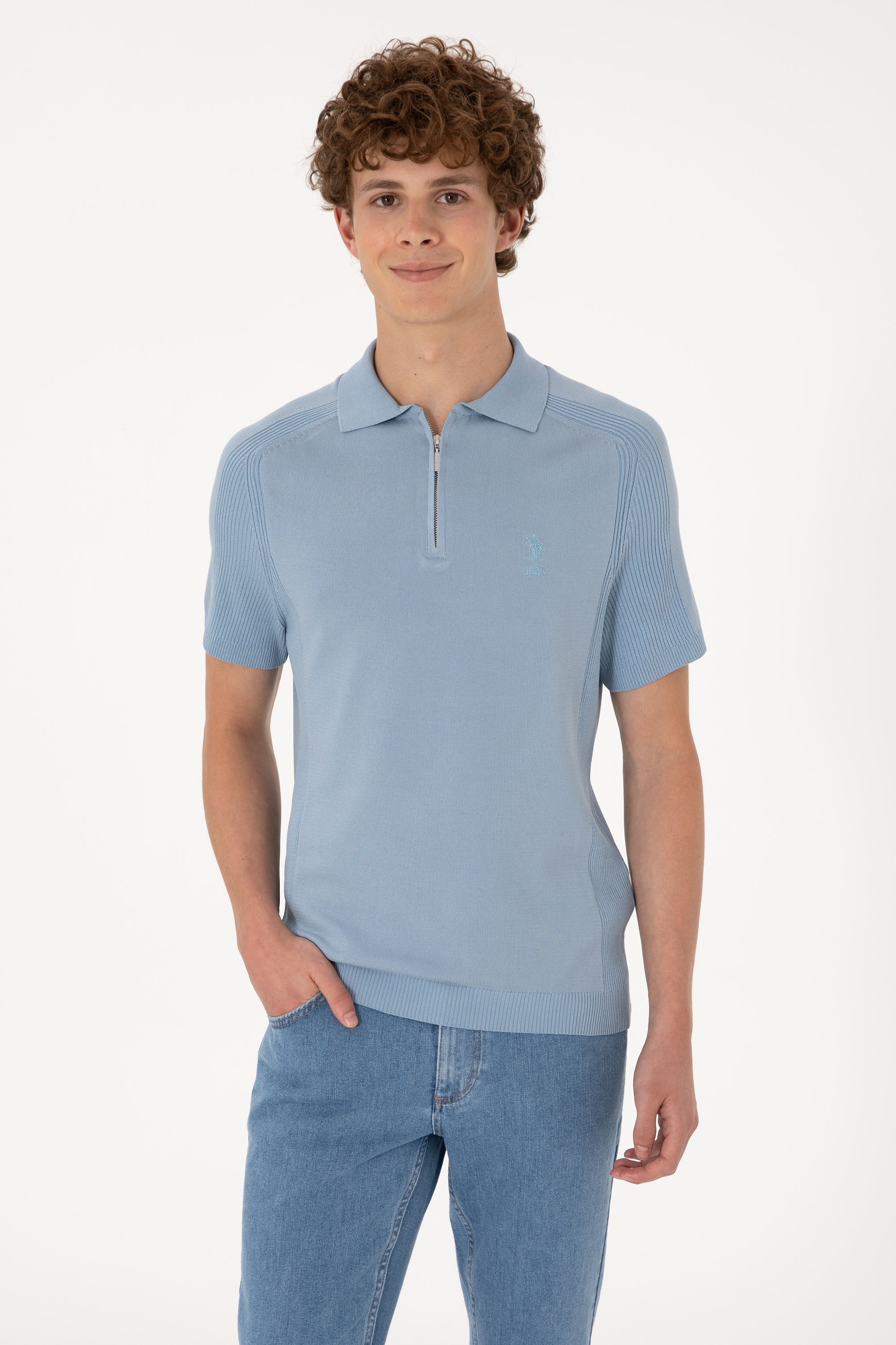 تی شرت یقه پولو آبی اندامی مردانه یو اس پولو | US POLO ASSN