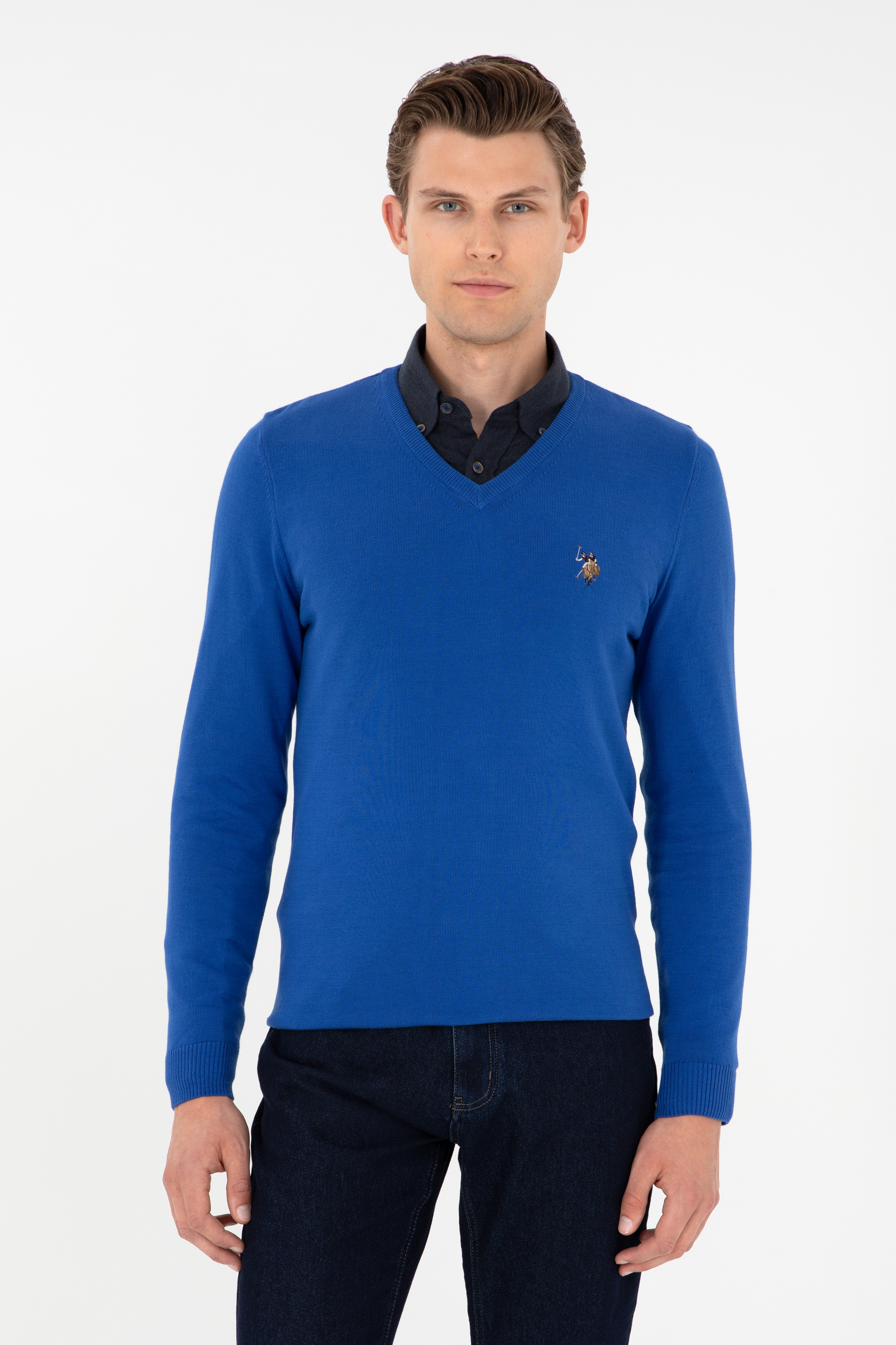 بافت بیسیک یقه هفت آبی اندامی مردانه یو اس پولو | US POLO ASSN