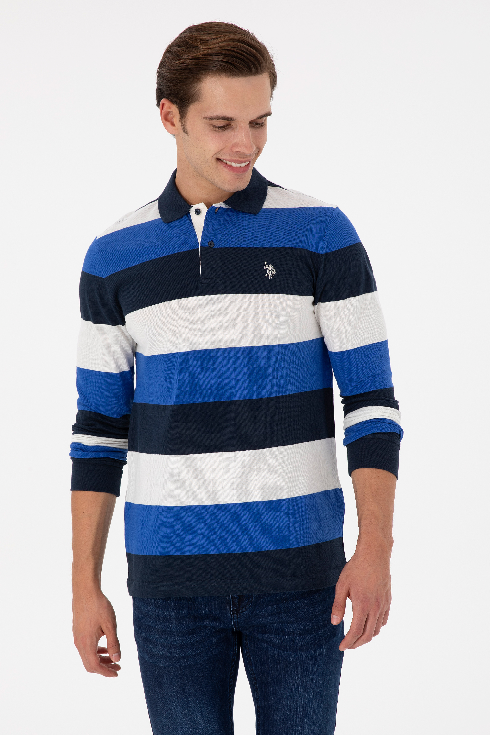 سویشرت یقه پیراهنی آبی رگولار آستین بلند مردانه یو اس پولو | US POLO ASSN