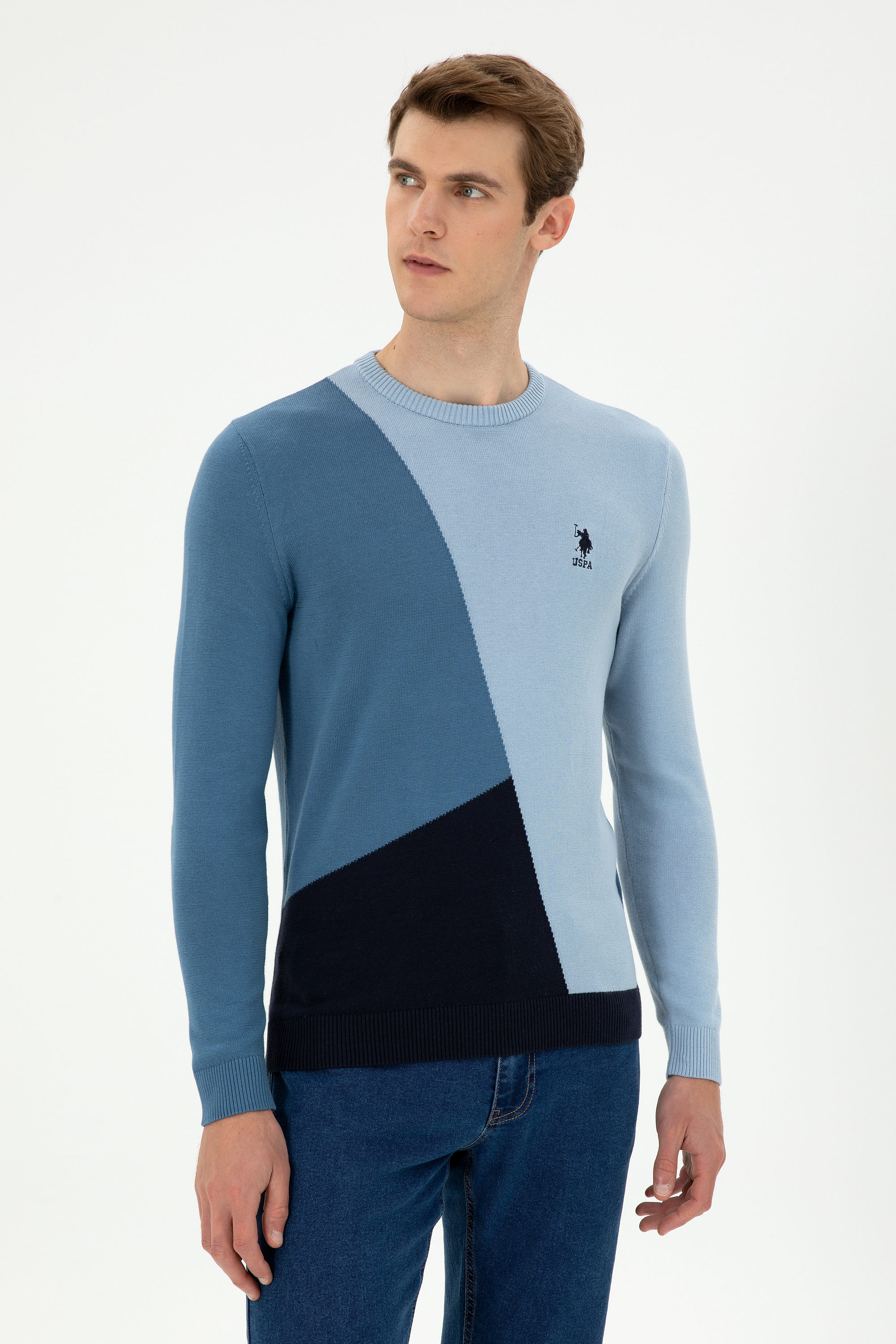 بافت یقه گرد آبی تیره اندامی مردانه یو اس پولو | US POLO ASSN
