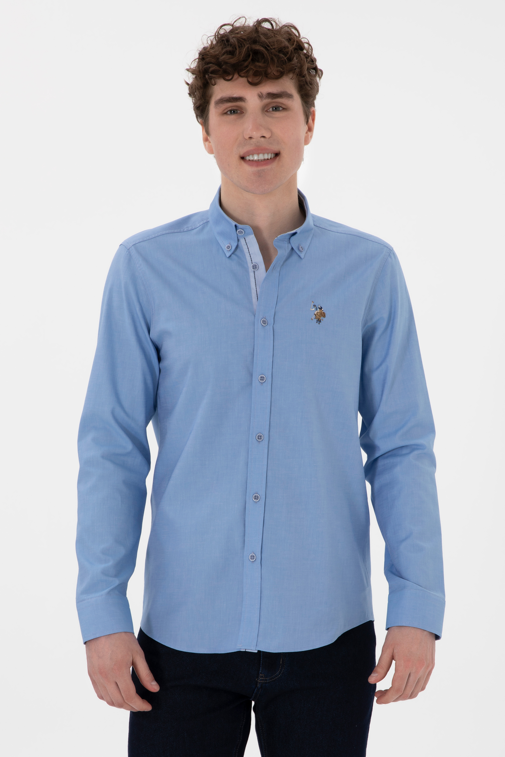 پیراهن آبی اندامی مردانه یو اس پولو | US POLO ASSN