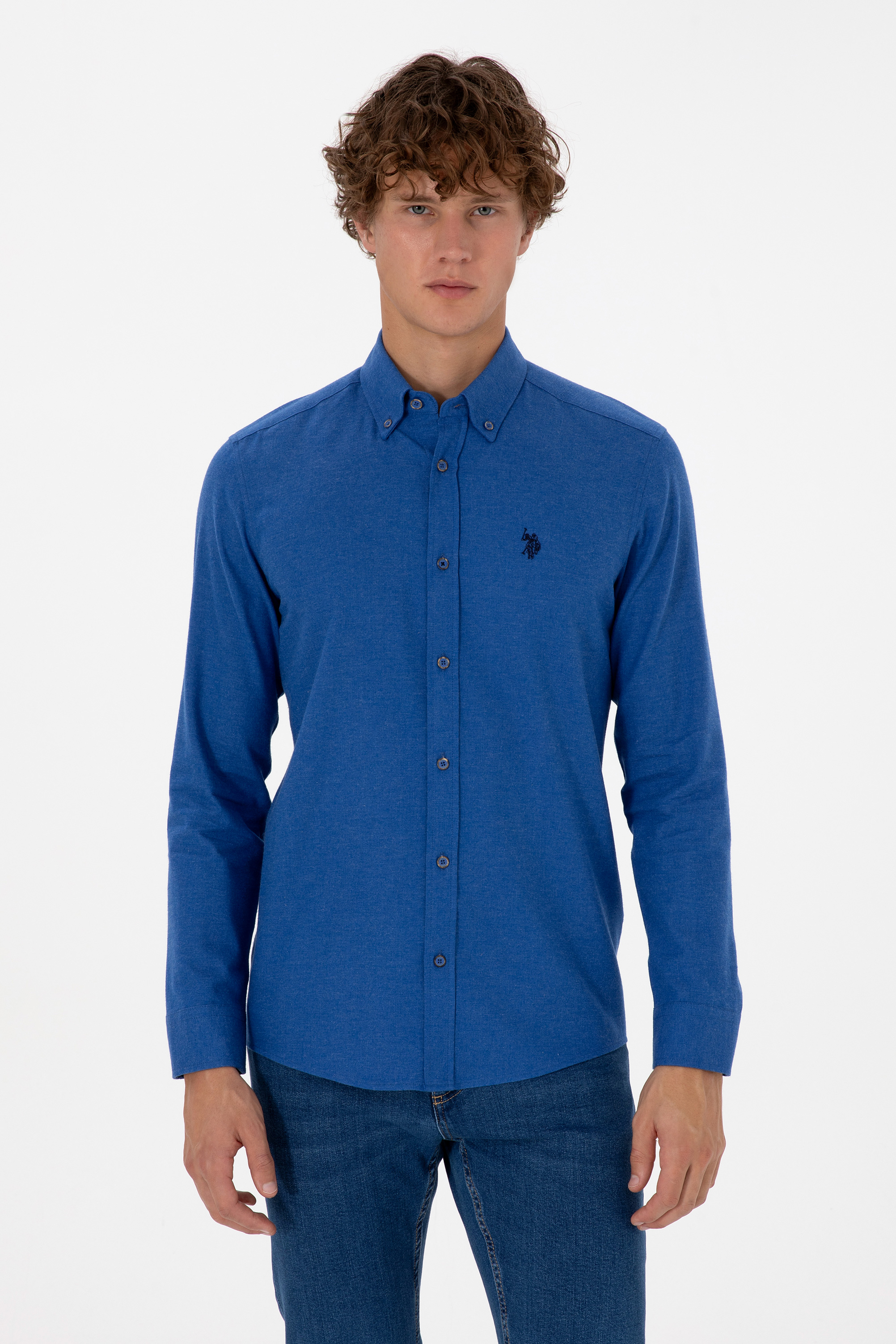 پیراهن آبی اندامی مردانه یو اس پولو | US POLO ASSN
