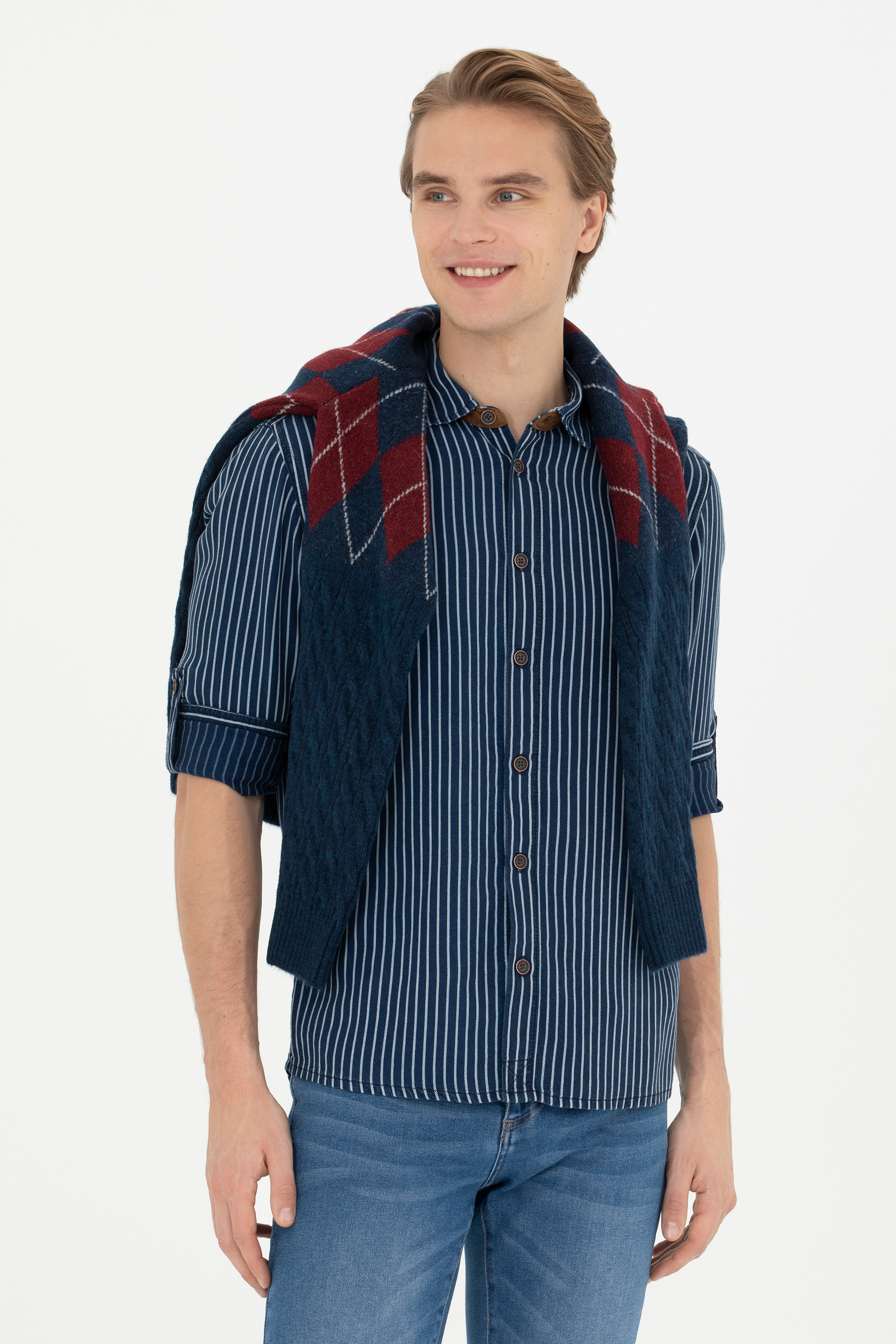پیراهن آبی تیره اندامی مردانه یو اس پولو | US POLO ASSN