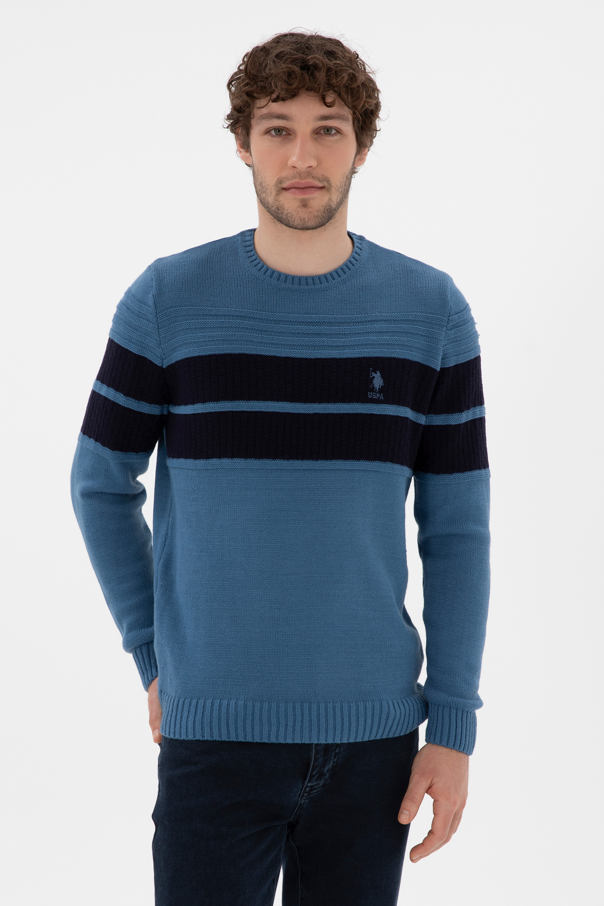 بافت یقه گرد آبی تیره اندامی آستین بلند مردانه یو اس پولو | US POLO ASSN
