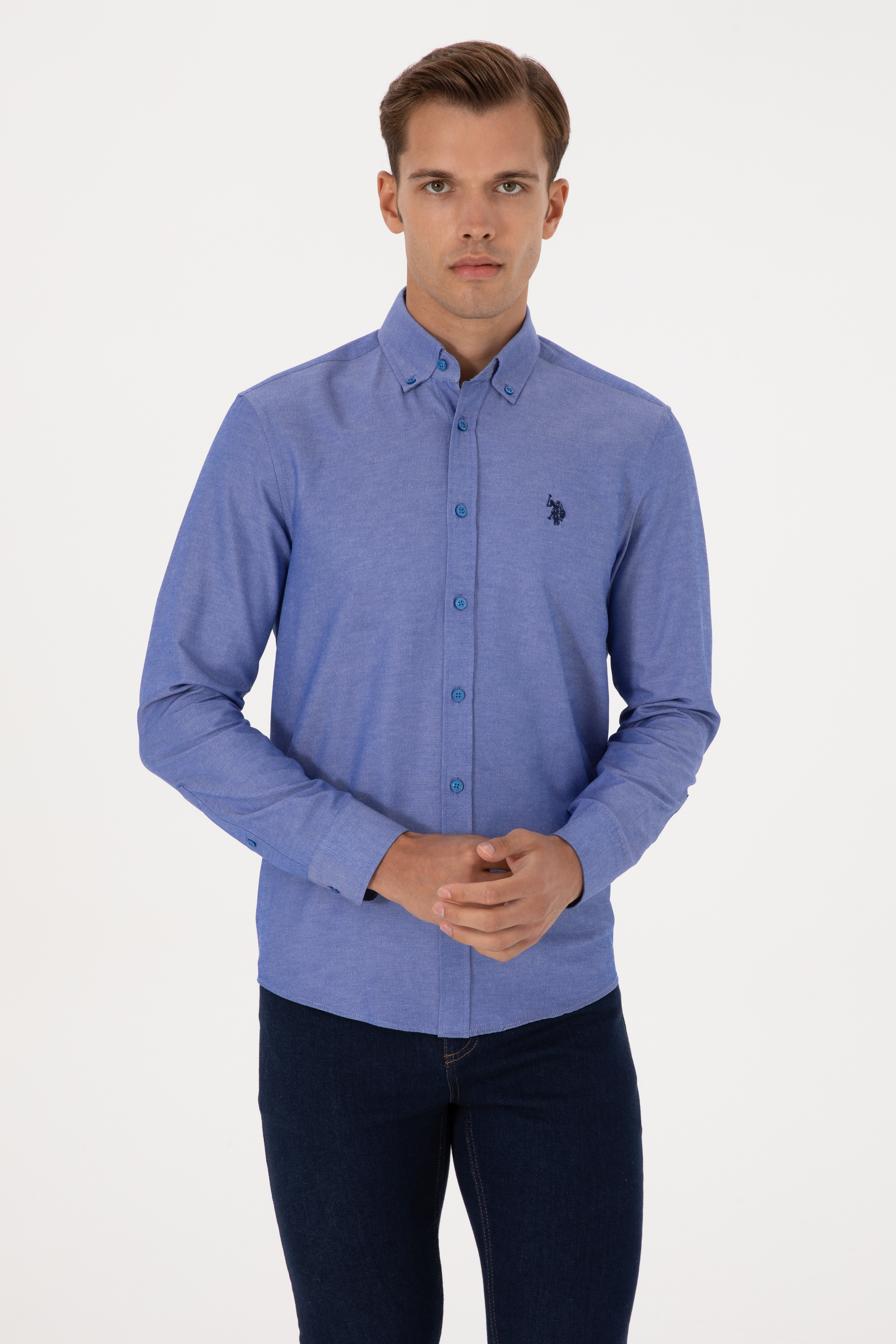 پیراهن آبی تیره اندامی مردانه یو اس پولو | US POLO ASSN