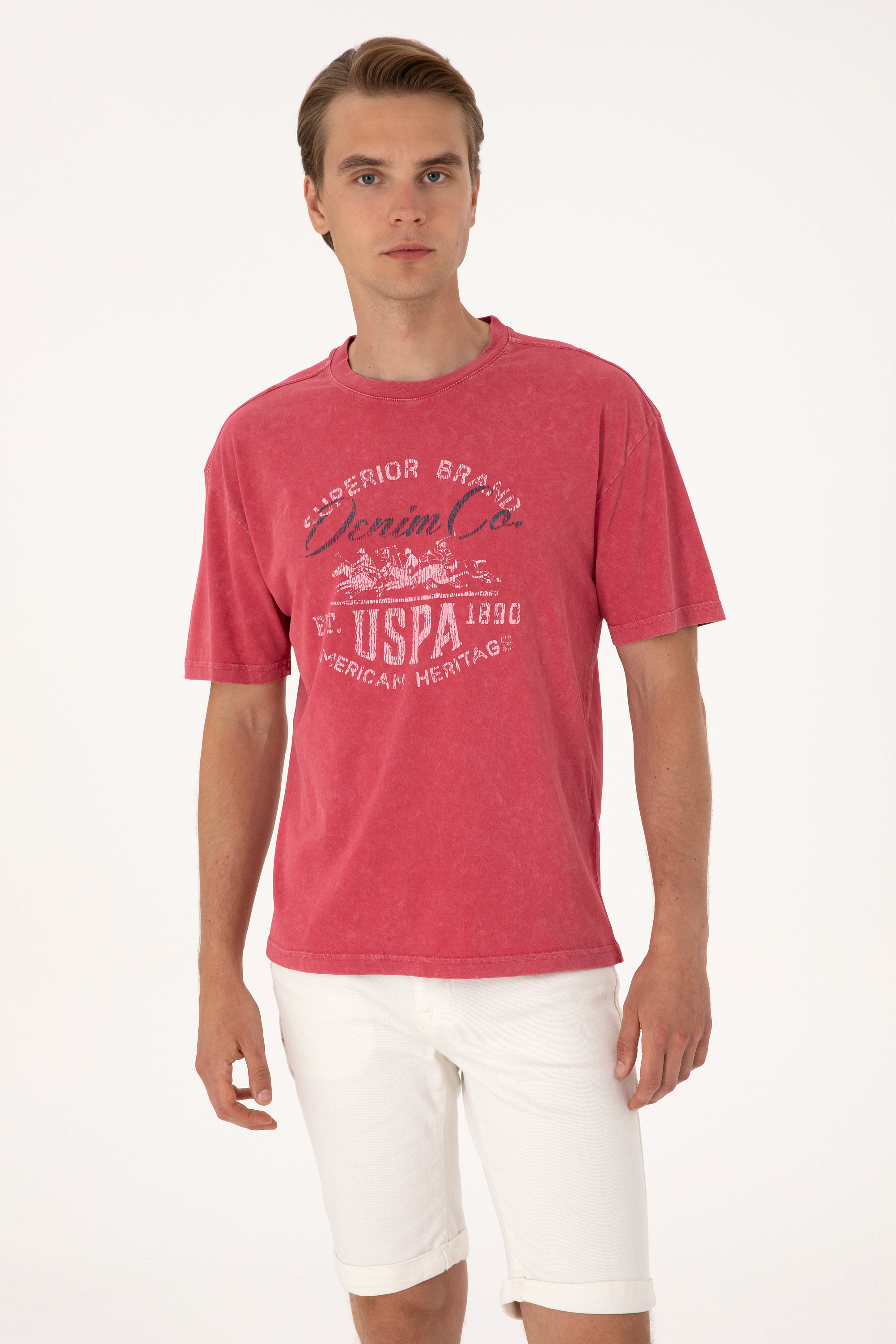 تی شرت یقه گرد آلبالویی ریلکس مردانه یو اس پولو | US POLO ASSN