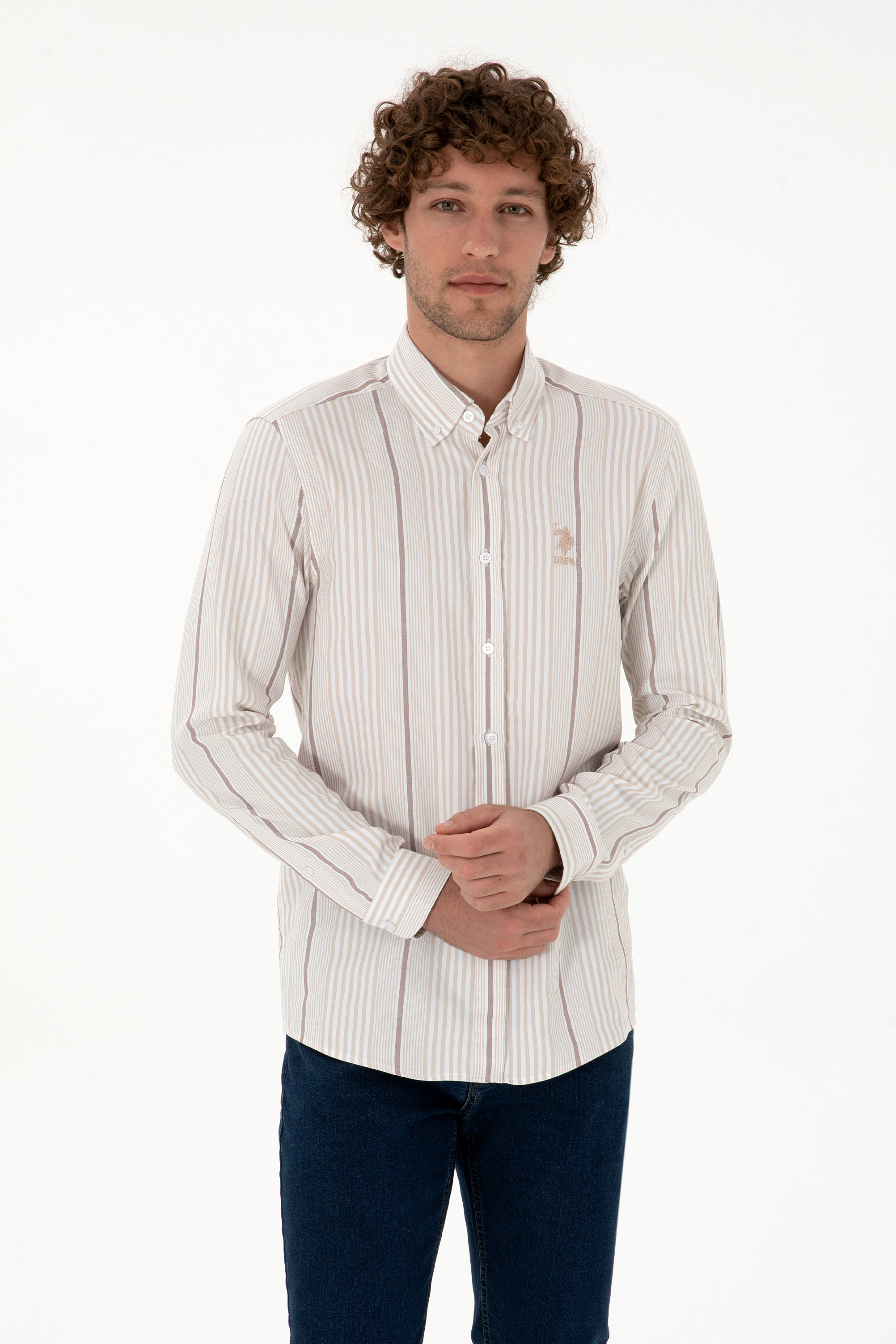 پیراهن بژ تیره اندامی مردانه یو اس پولو | US POLO ASSN