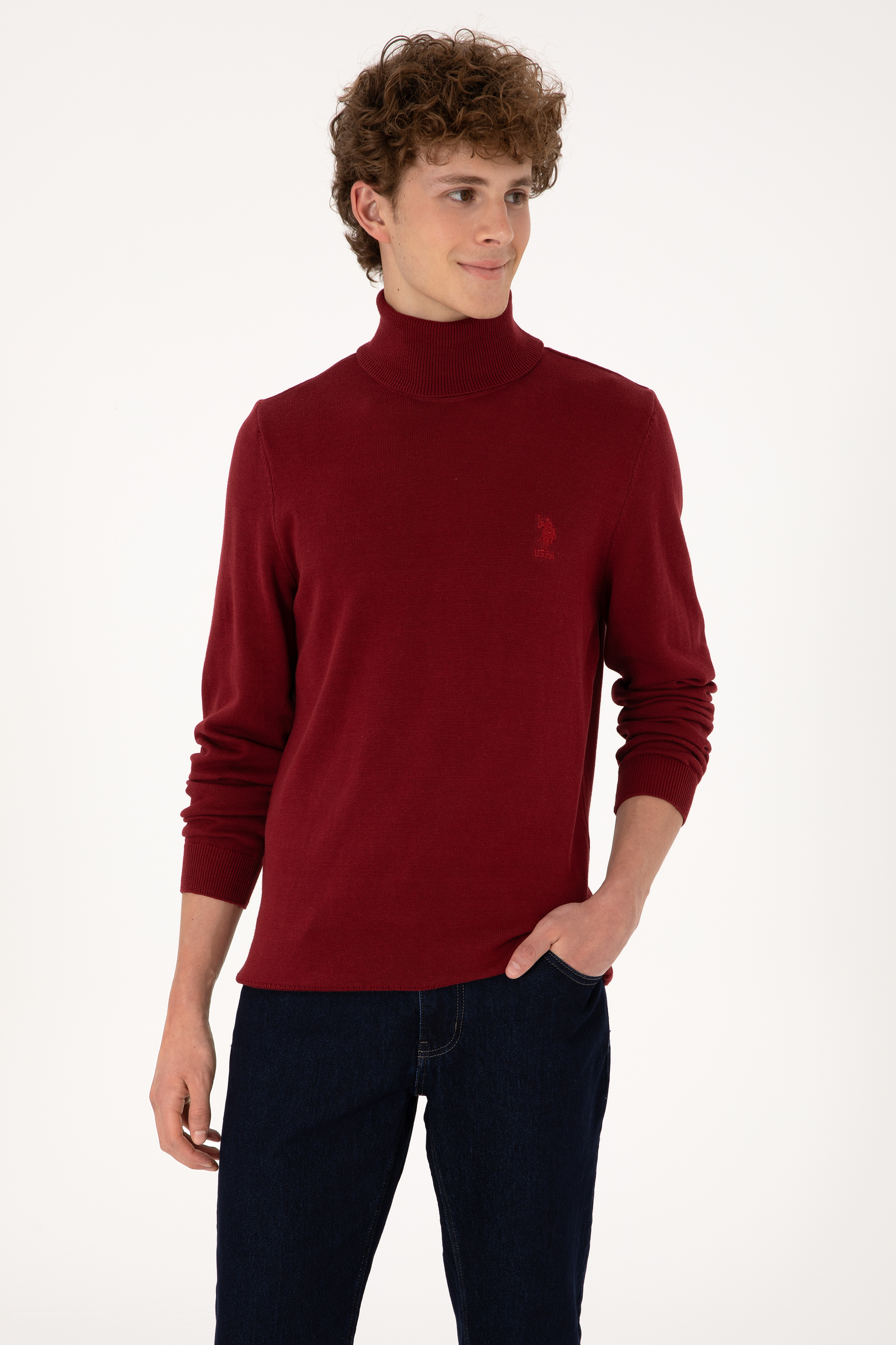 بافت بیسیک یقه اسکی بورگاندی اندامی آستین بلند مردانه یو اس پولو | US POLO ASSN
