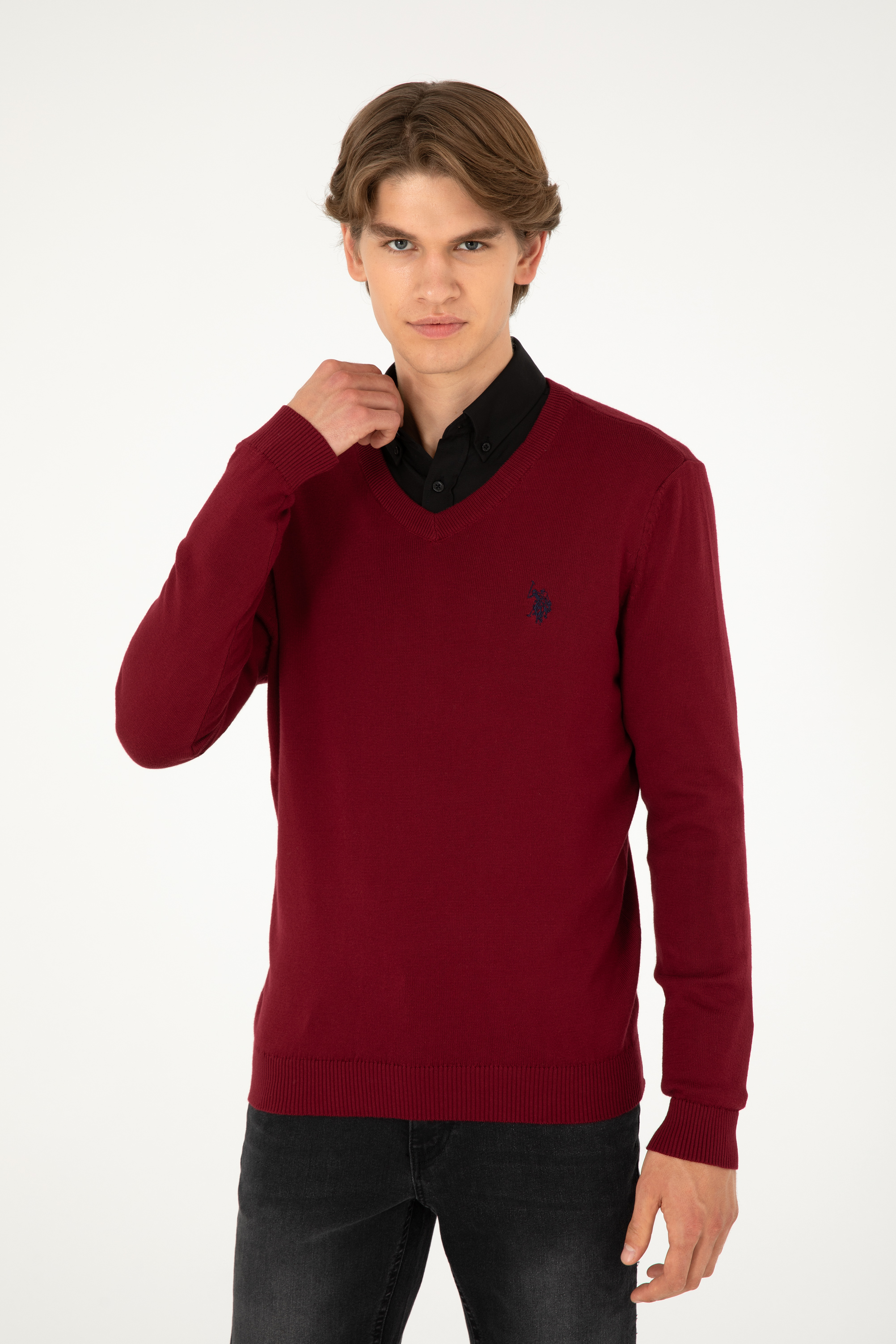 بافت بیسیک یقه هفت بورگاندی اندامی مردانه یو اس پولو | US POLO ASSN