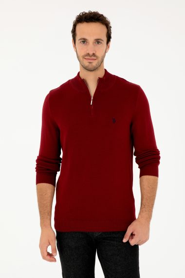بافت بیسیک یقه ایستاده بورگاندی  اندامی آستین بلند مردانه یو اس پولو | US POLO ASSN