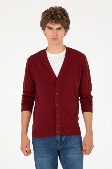 ژاکت تریکو بیسیک یقه هفت بورگاندی  رگولار آستین بلند مردانه یو اس پولو | US POLO ASSN