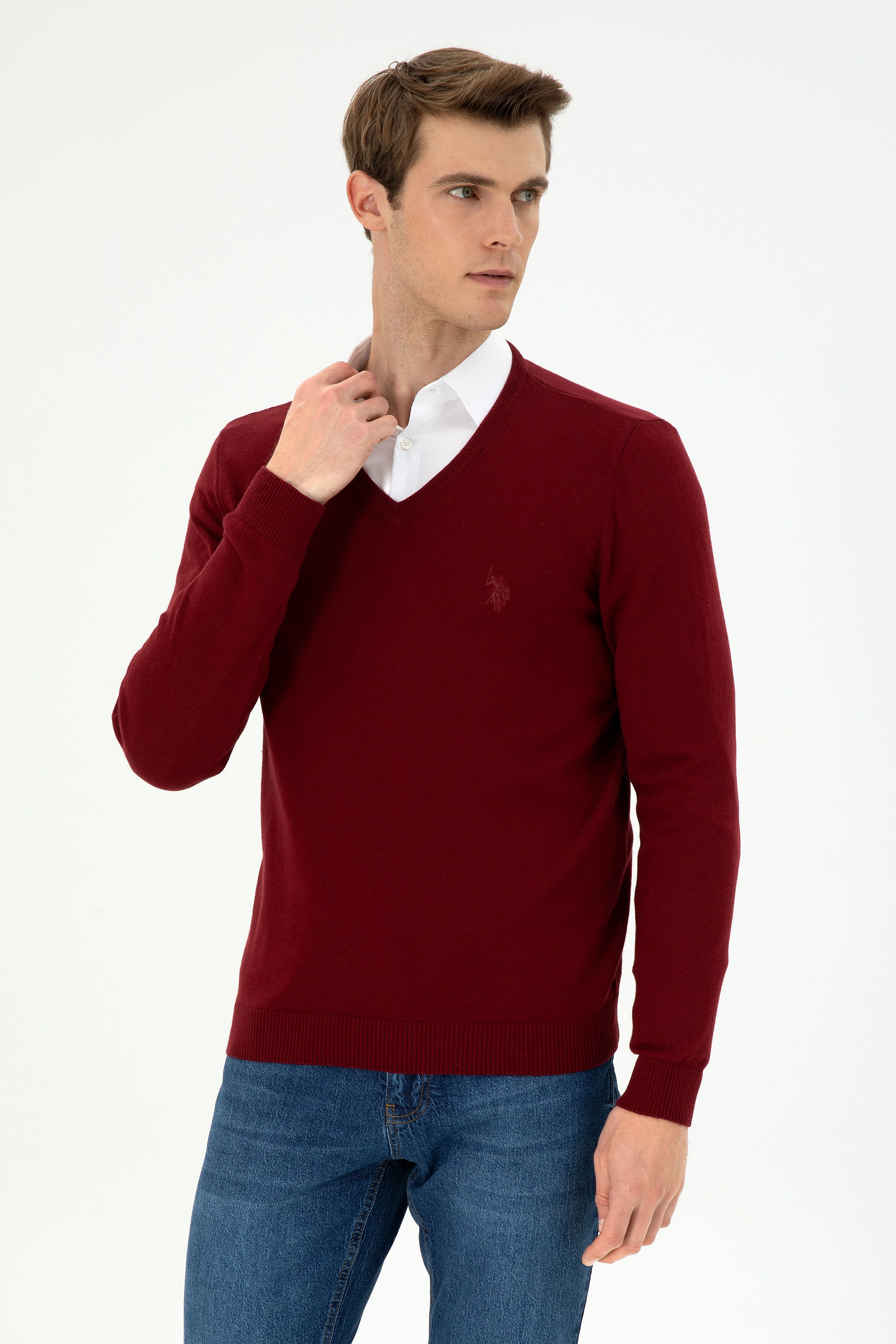بافت بیسیک یقه هفت بورگاندی اندامی مردانه یو اس پولو | US POLO ASSN