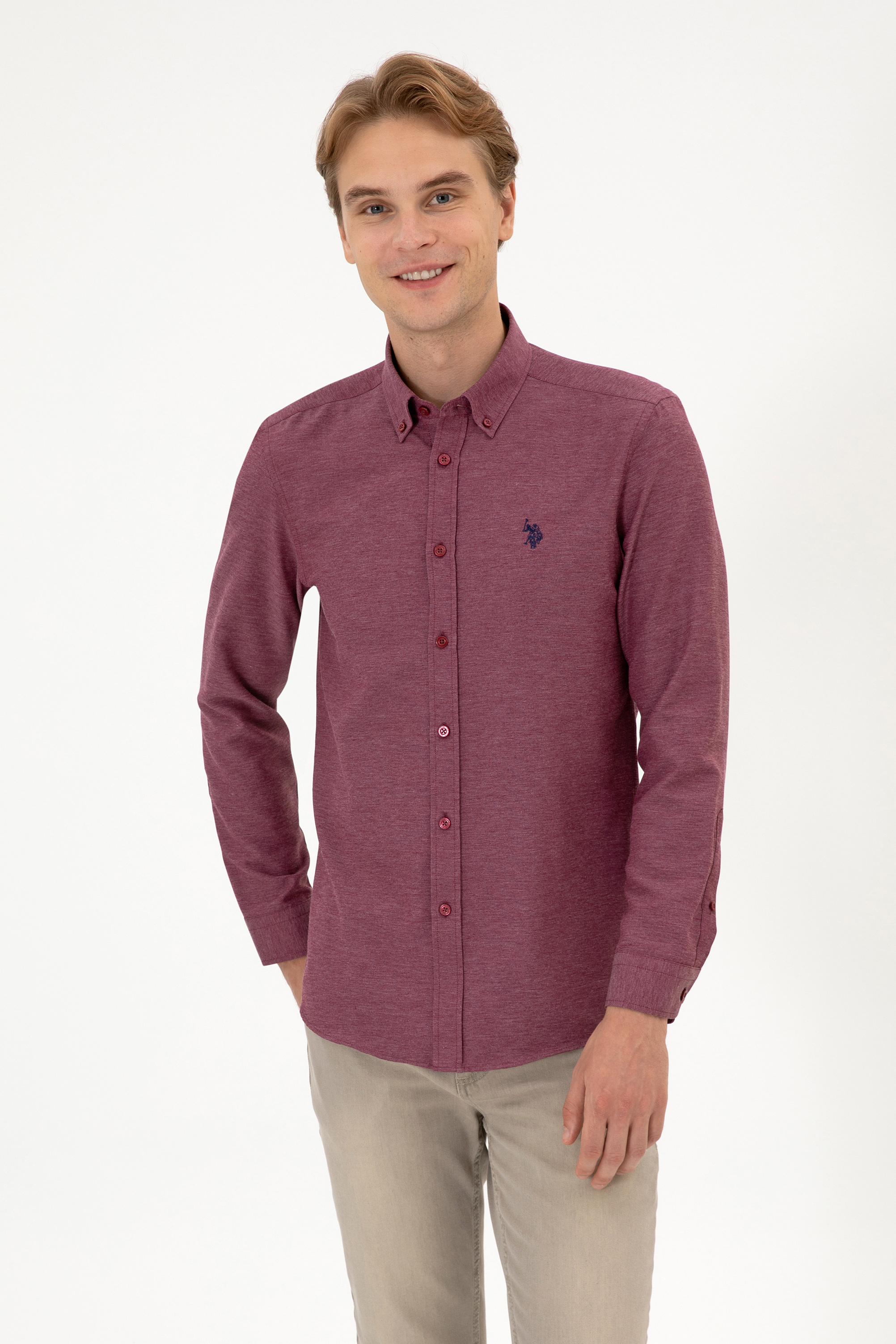 پیراهن بورگاندی اندامی مردانه یو اس پولو | US POLO ASSN
