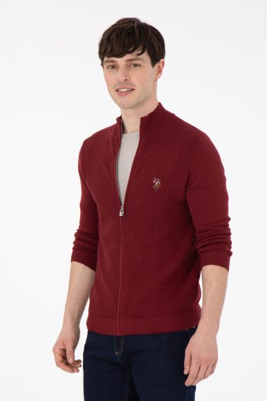 ژاکت تریکو بیسیک یقه ایستاده بورگاندی  اندامی آستین بلند مردانه یو اس پولو | US POLO ASSN