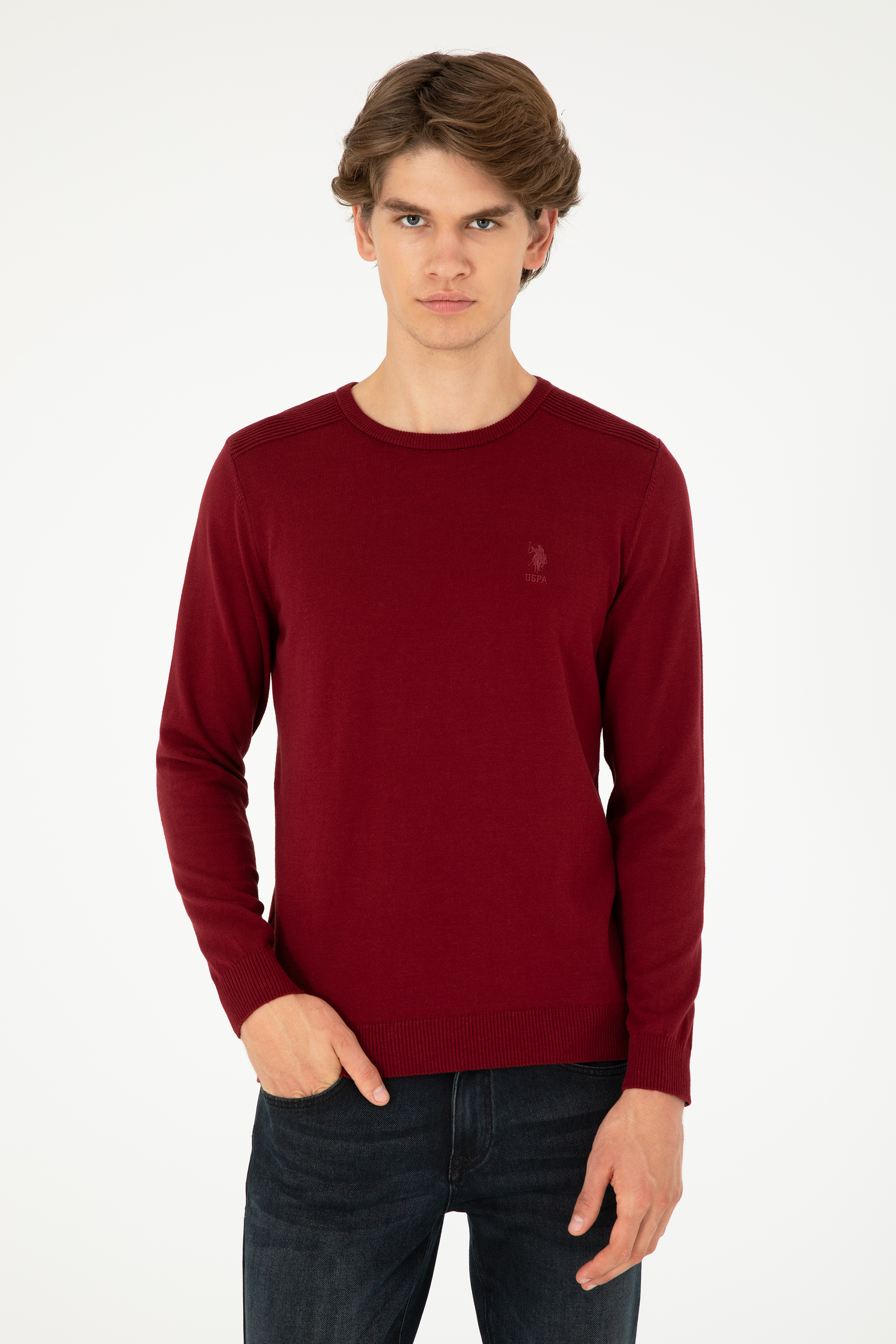 بافت بیسیک یقه گرد بورگاندی اندامی مردانه یو اس پولو | US POLO ASSN
