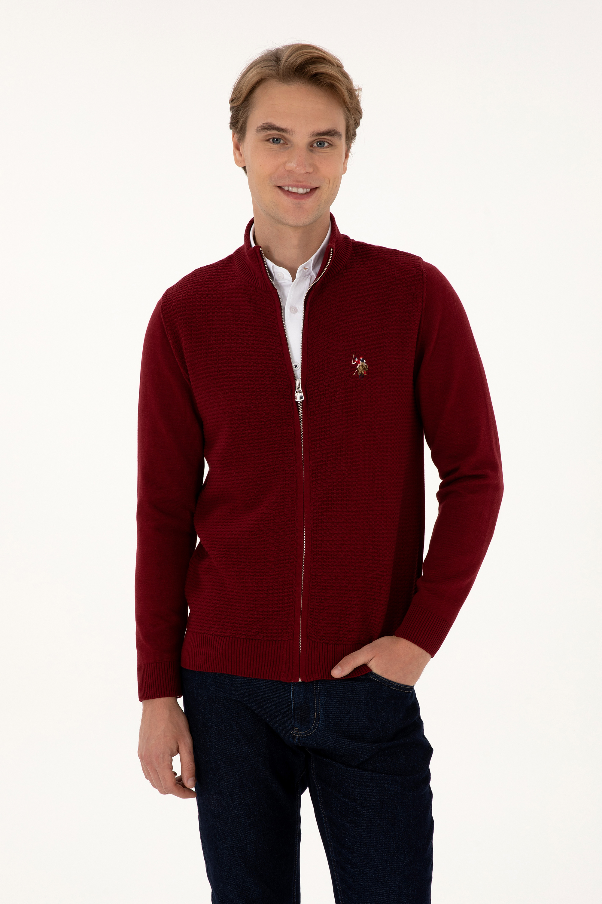 ژاکت تریکو بیسیک بورگاندی اندامی مردانه یو اس پولو | US POLO ASSN