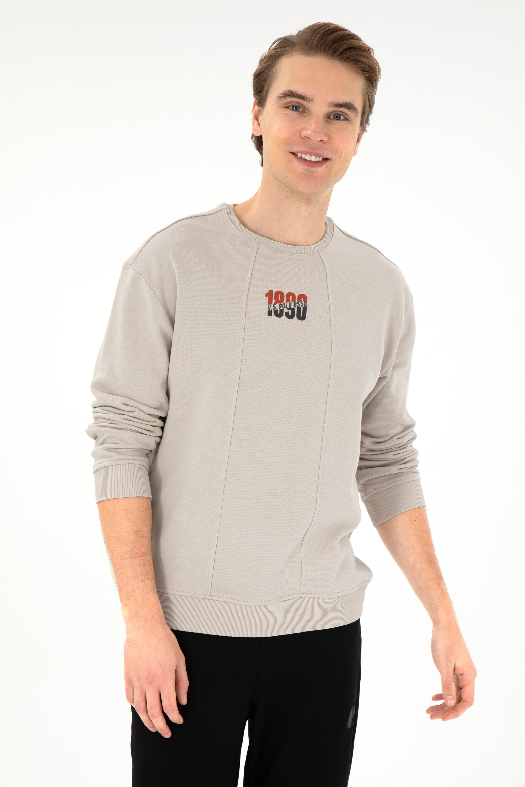 سویشرت یقه گرد خاکستری ریلکس آستین بلند مردانه یو اس پولو | US POLO ASSN