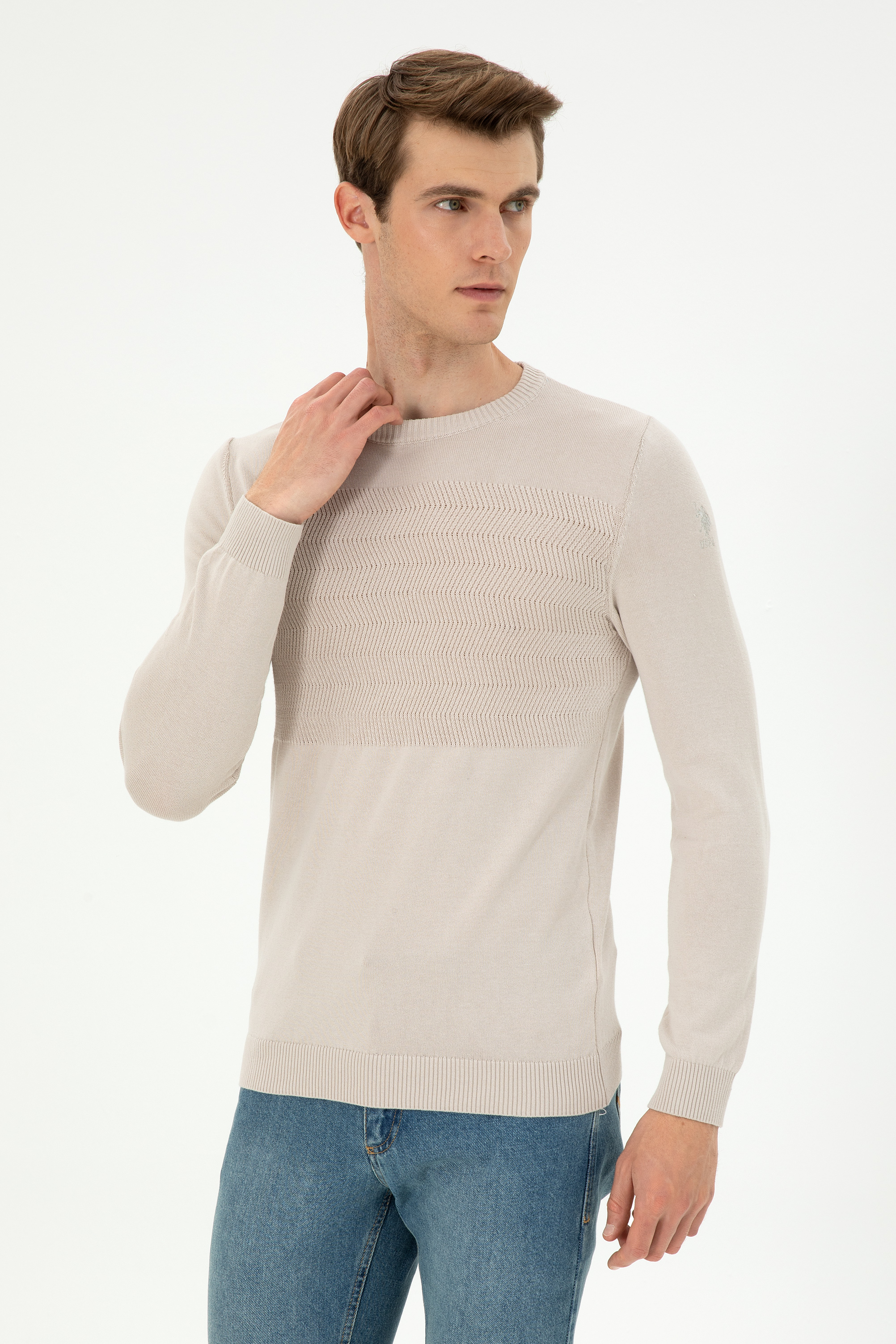 بافت یقه گرد خاکستری اندامی آستین بلند مردانه یو اس پولو | US POLO ASSN
