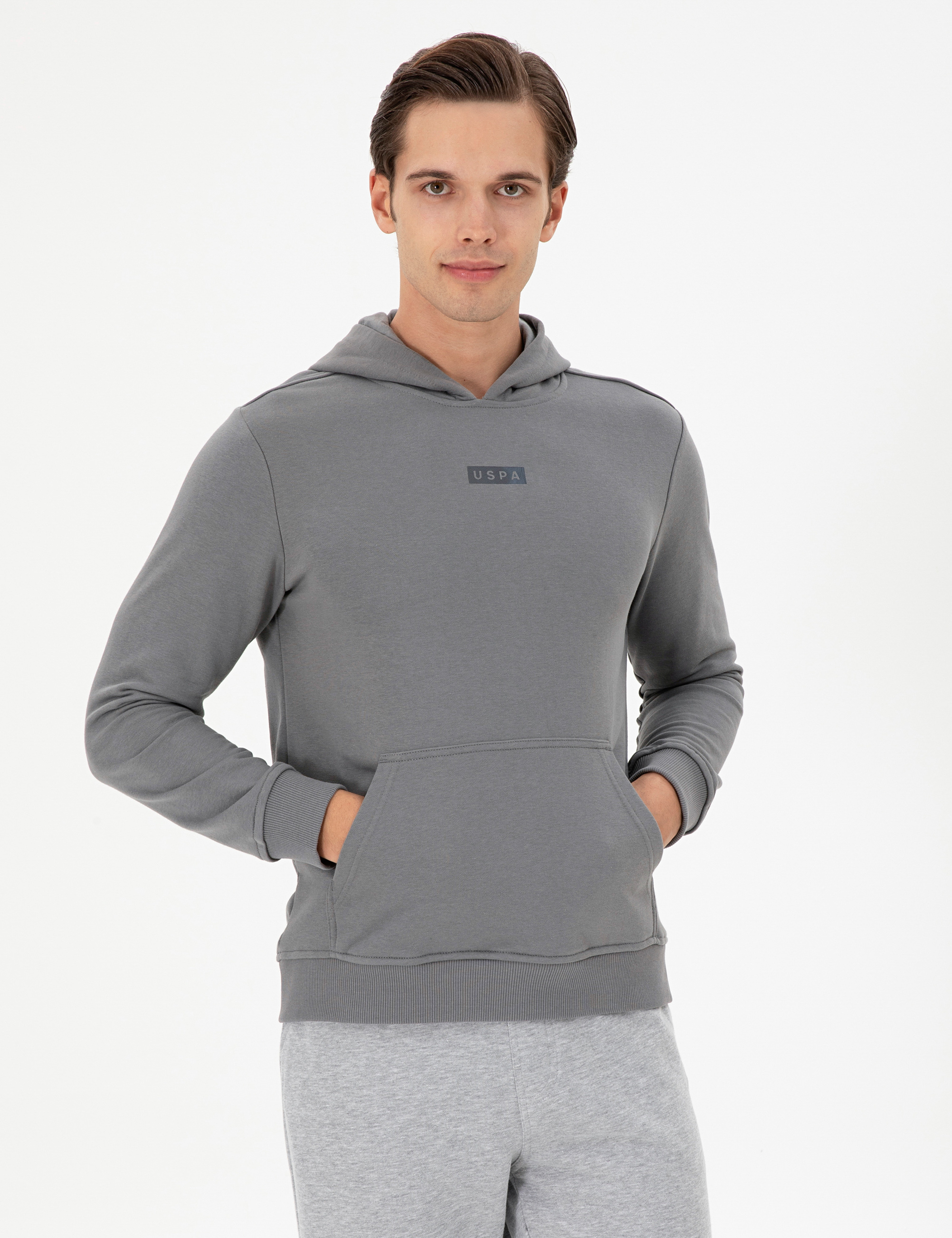 سویشرت هودی خاکستری رگولار آستین بلند مردانه یو اس پولو | US POLO ASSN