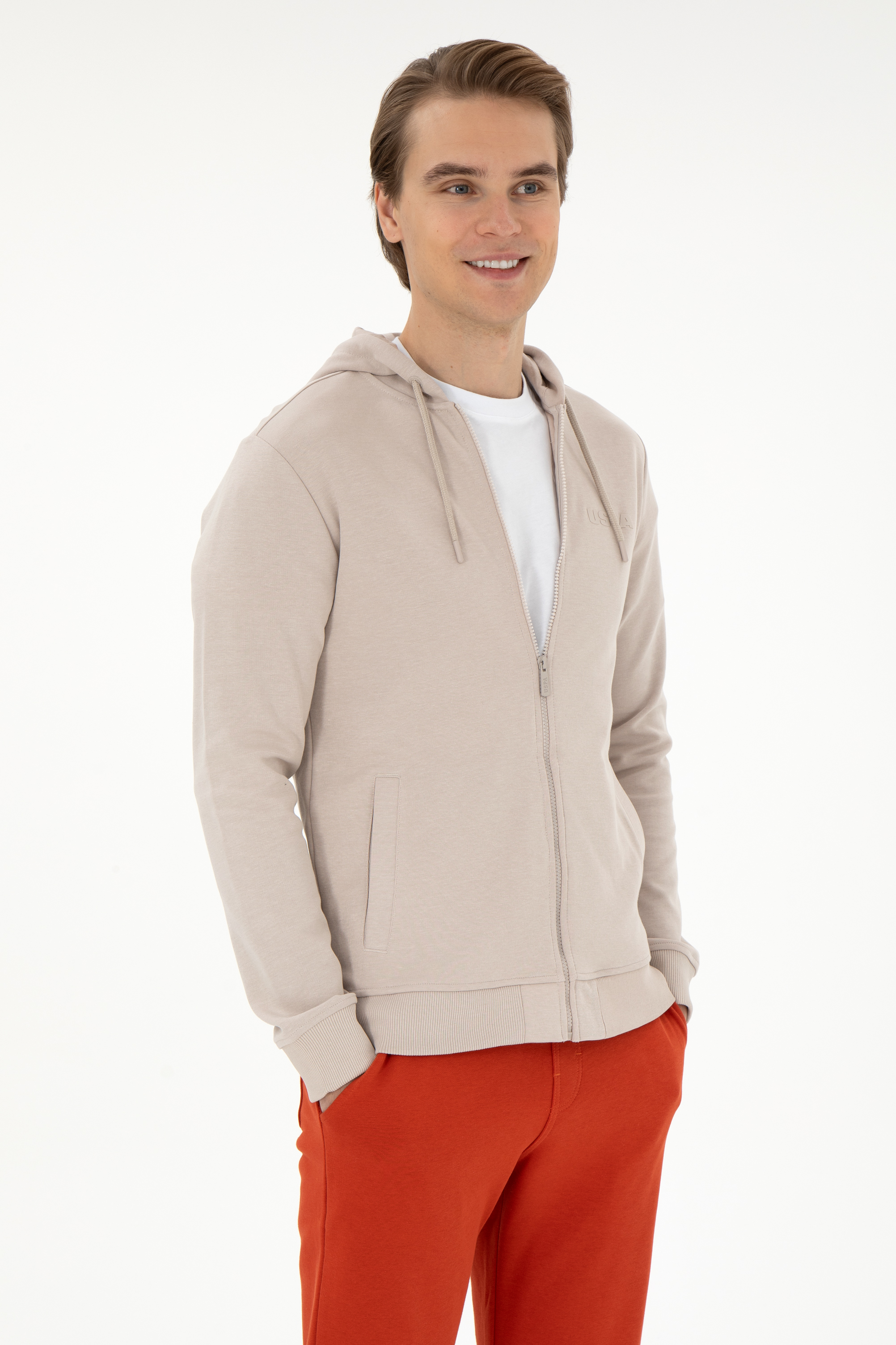 ژاکت هودی خاکستری اندامی آستین بلند مردانه یو اس پولو | US POLO ASSN