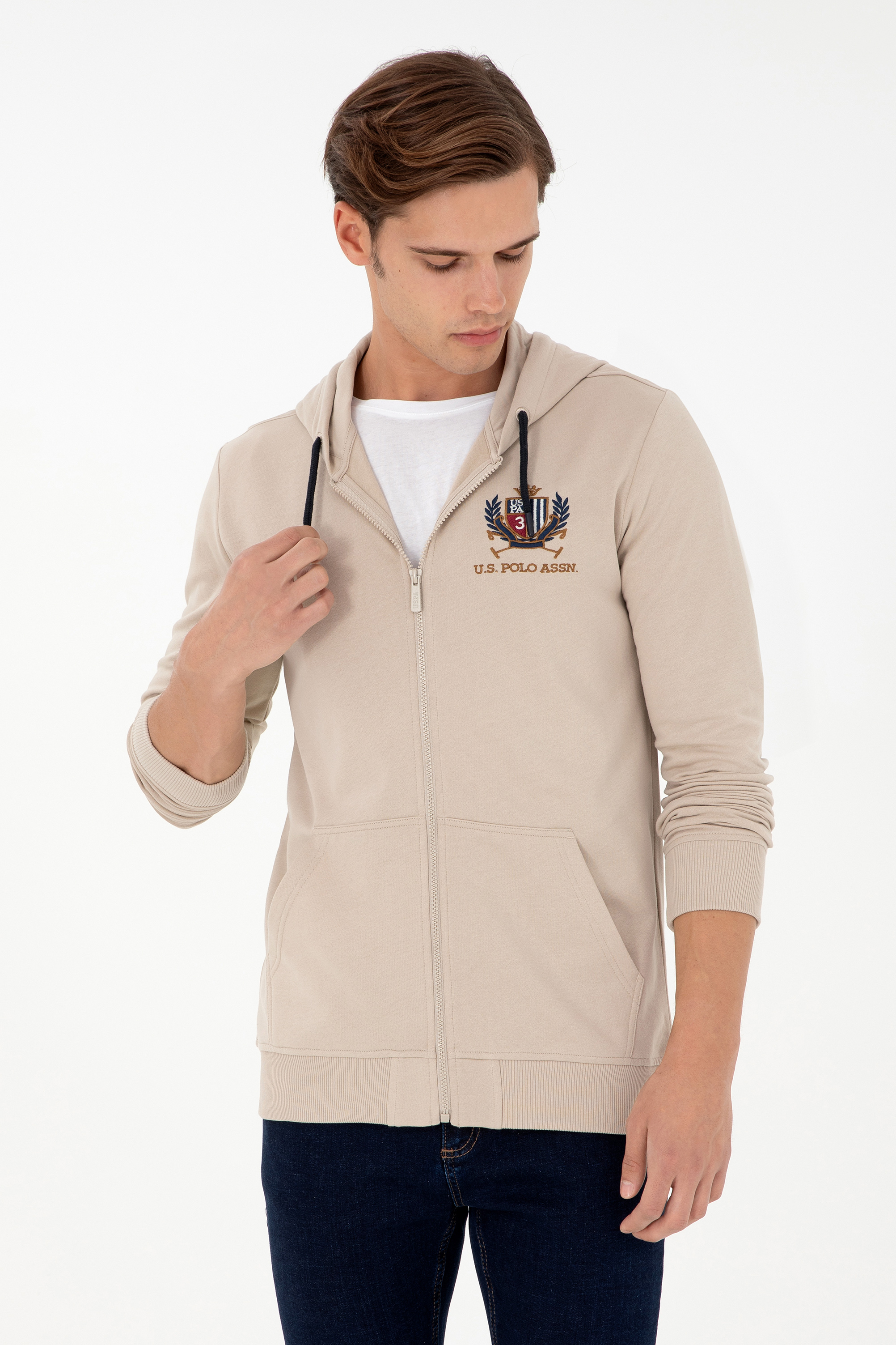ژاکت هودی خاکستری رگولار آستین بلند مردانه یو اس پولو | US POLO ASSN