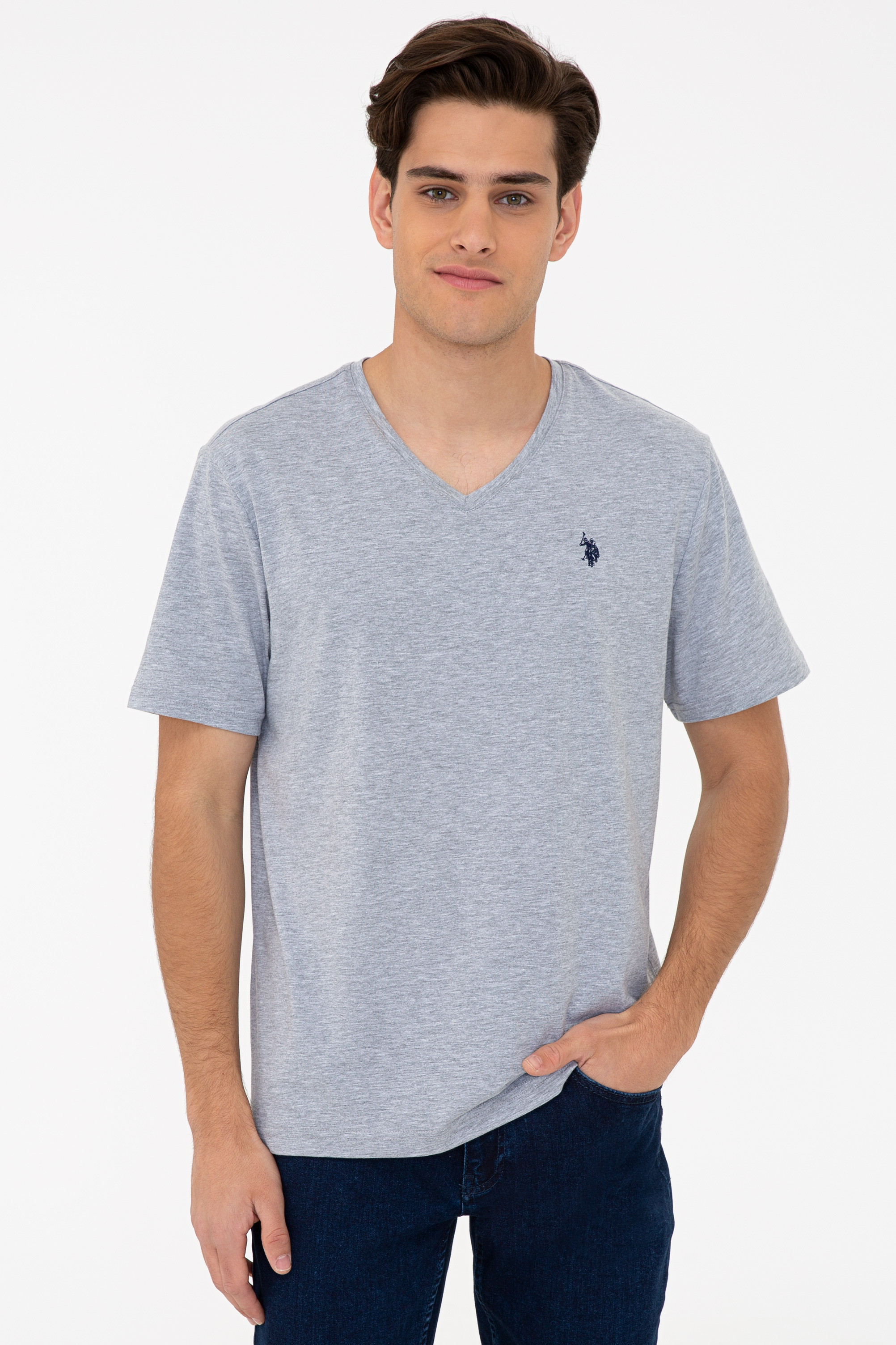 تی شرت یقه گرد خاکستری ملانژ رگولار آستین کوتاه مردانه یو اس پولو | US POLO ASSN