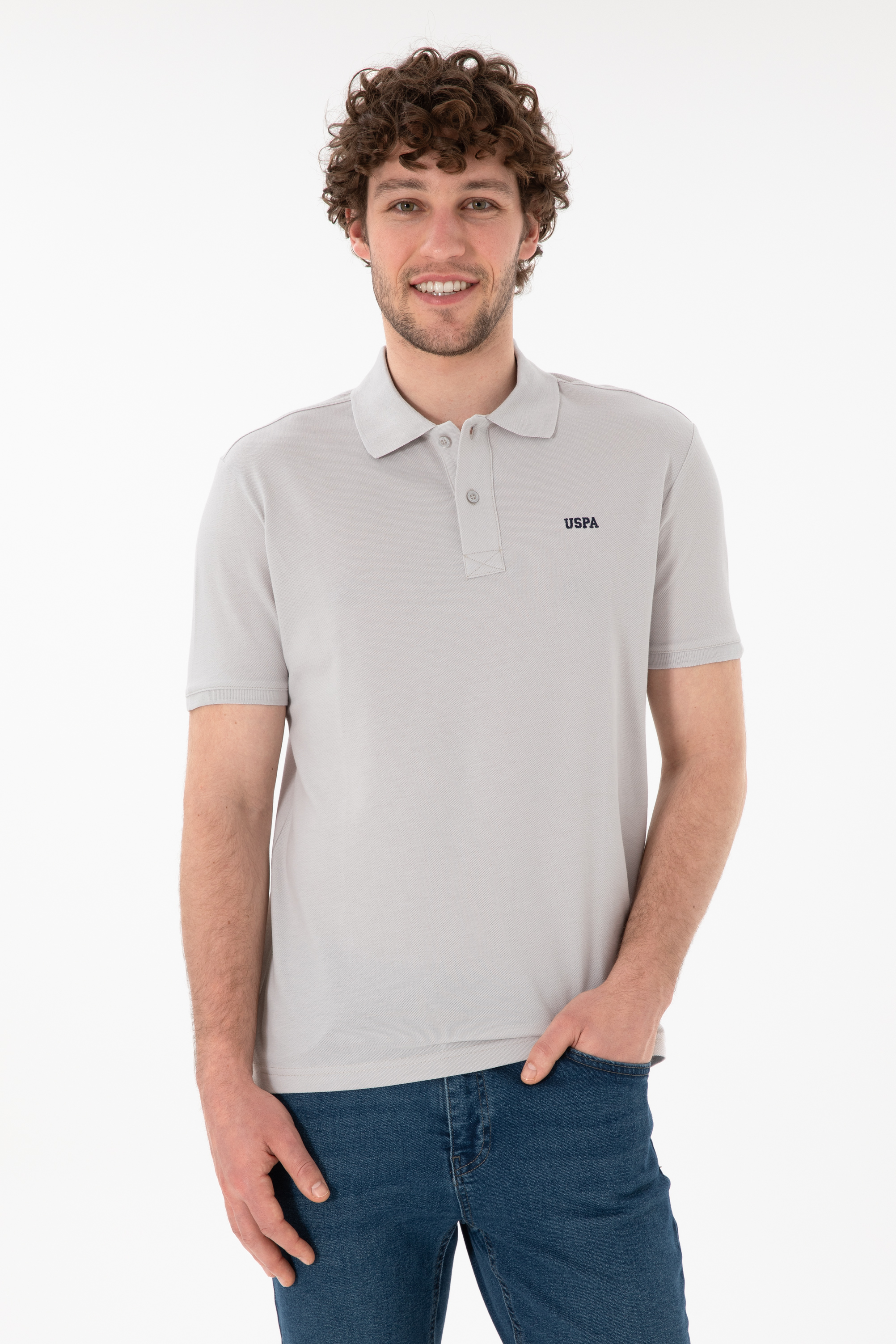 تی شرت بیسیک یقه پولو خاکستری روشن رگولار مردانه یو اس پولو | US POLO ASSN