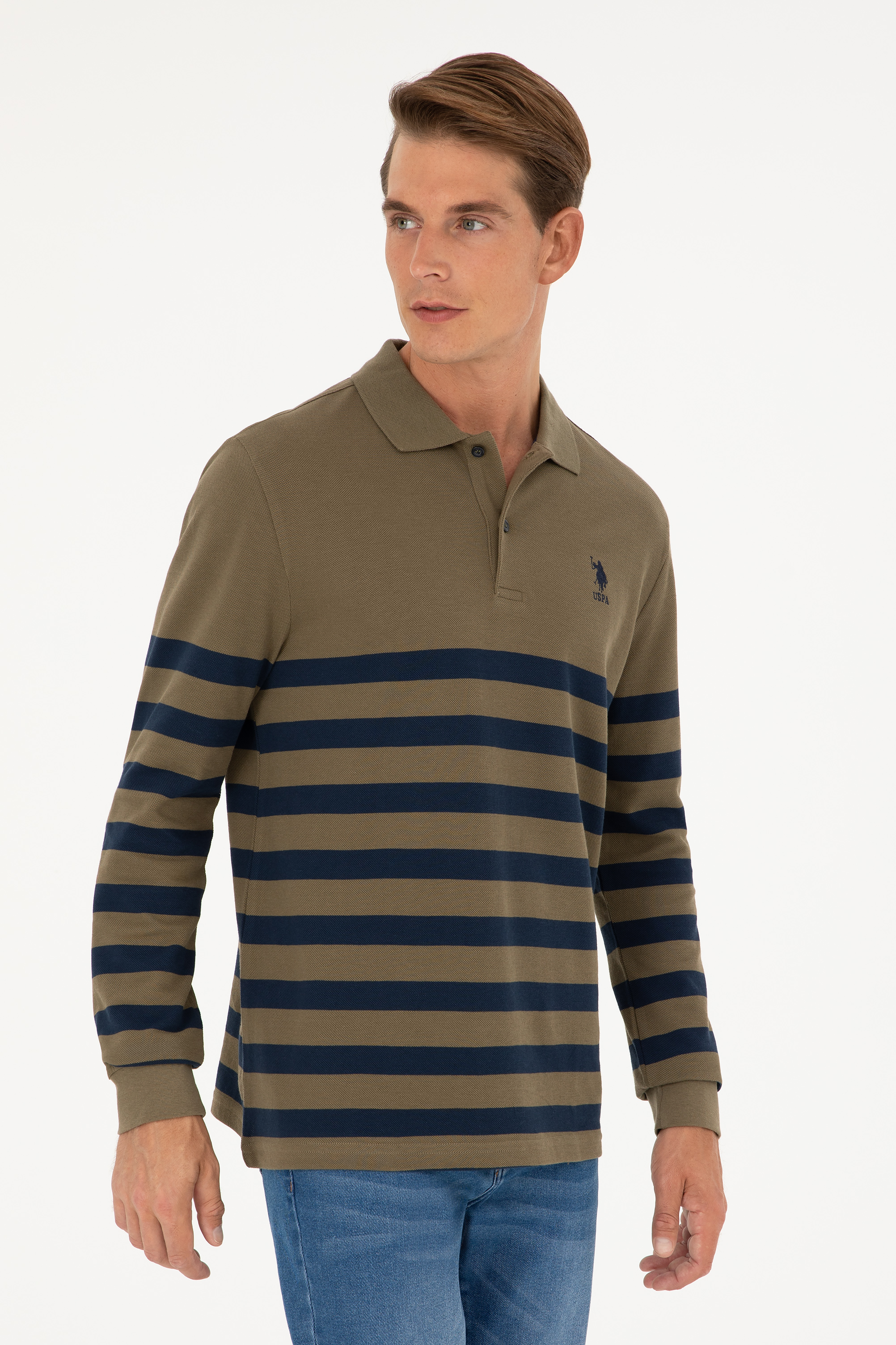 سویشرت یقه پولو خاکی رگولار آستین بلند مردانه یو اس پولو | US POLO ASSN